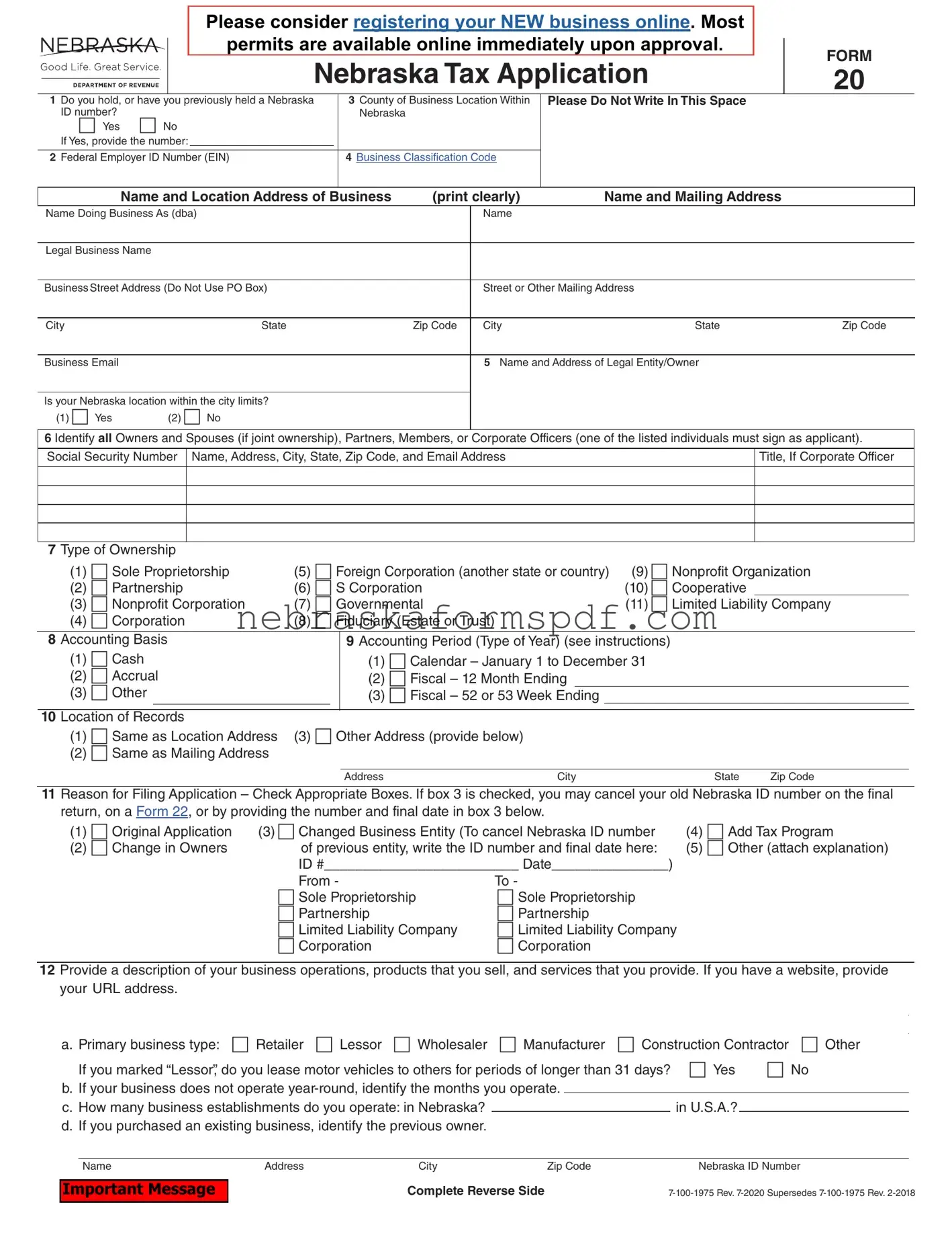 Fill a Valid Nebraska 20 Form