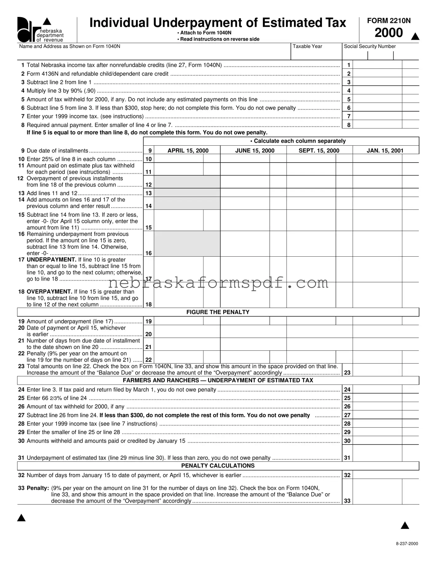 Fill a Valid Nebraska 2210N Form