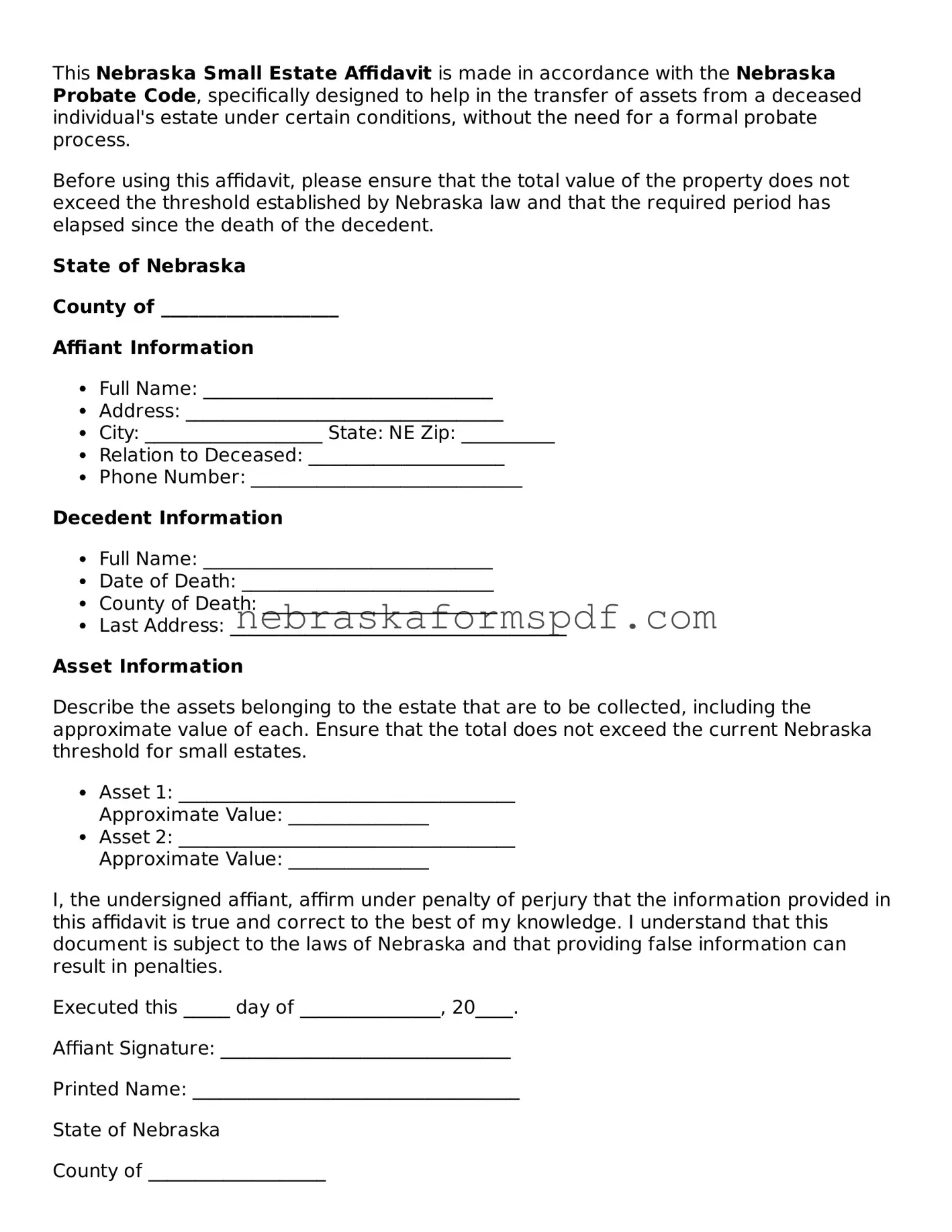 Fillable Nebraska Small Estate Affidavit Template