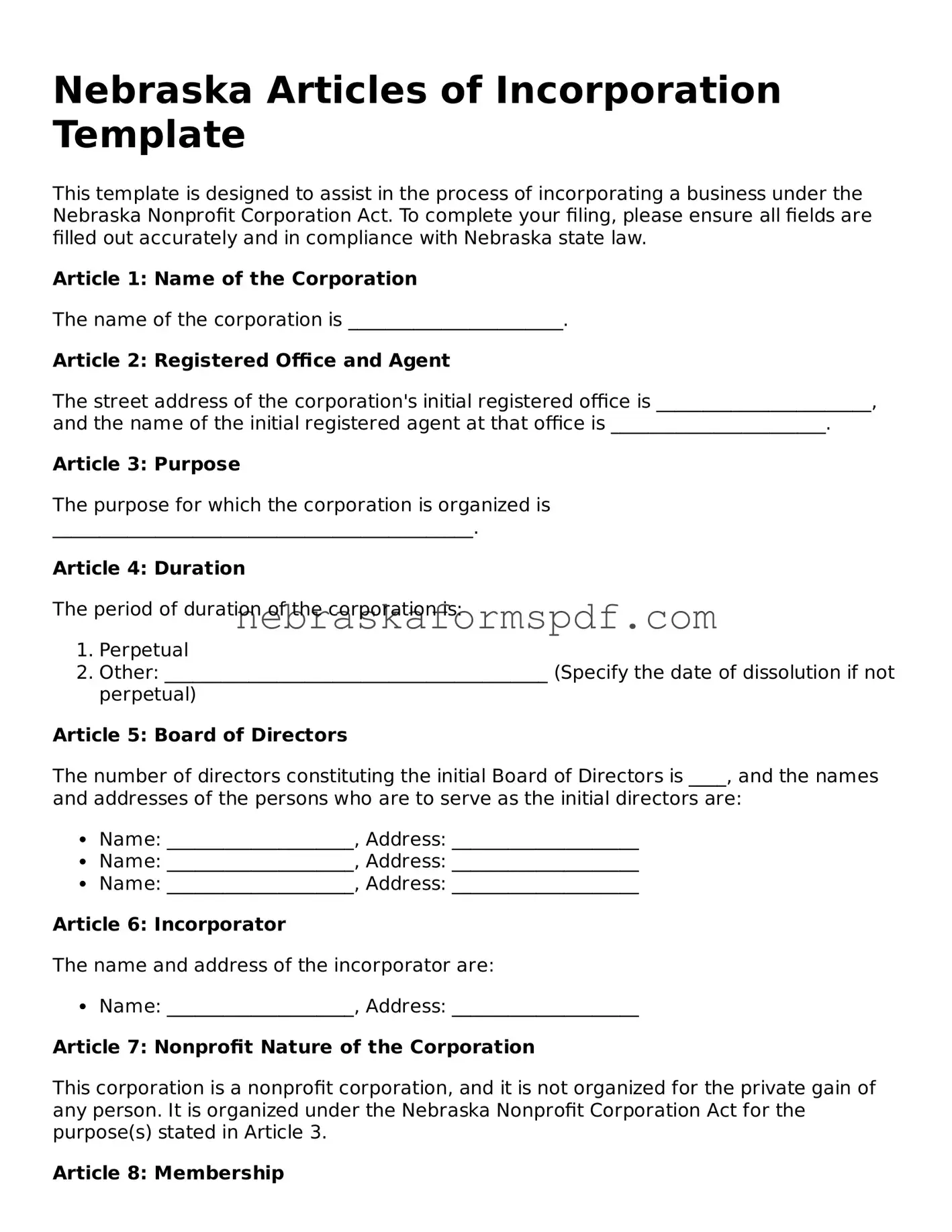 Fillable Nebraska Articles of Incorporation Template