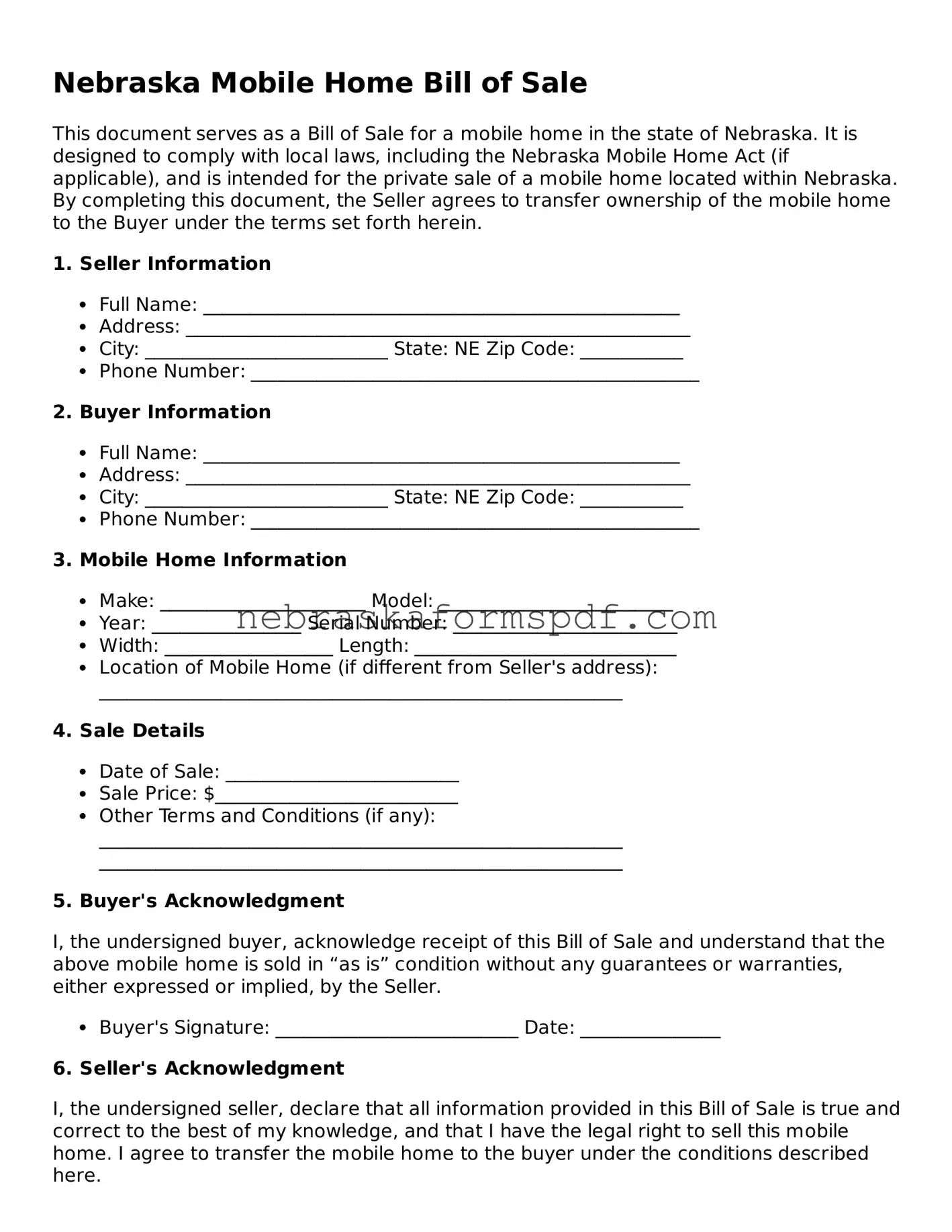 Fillable Nebraska Mobile Home Bill of Sale Template