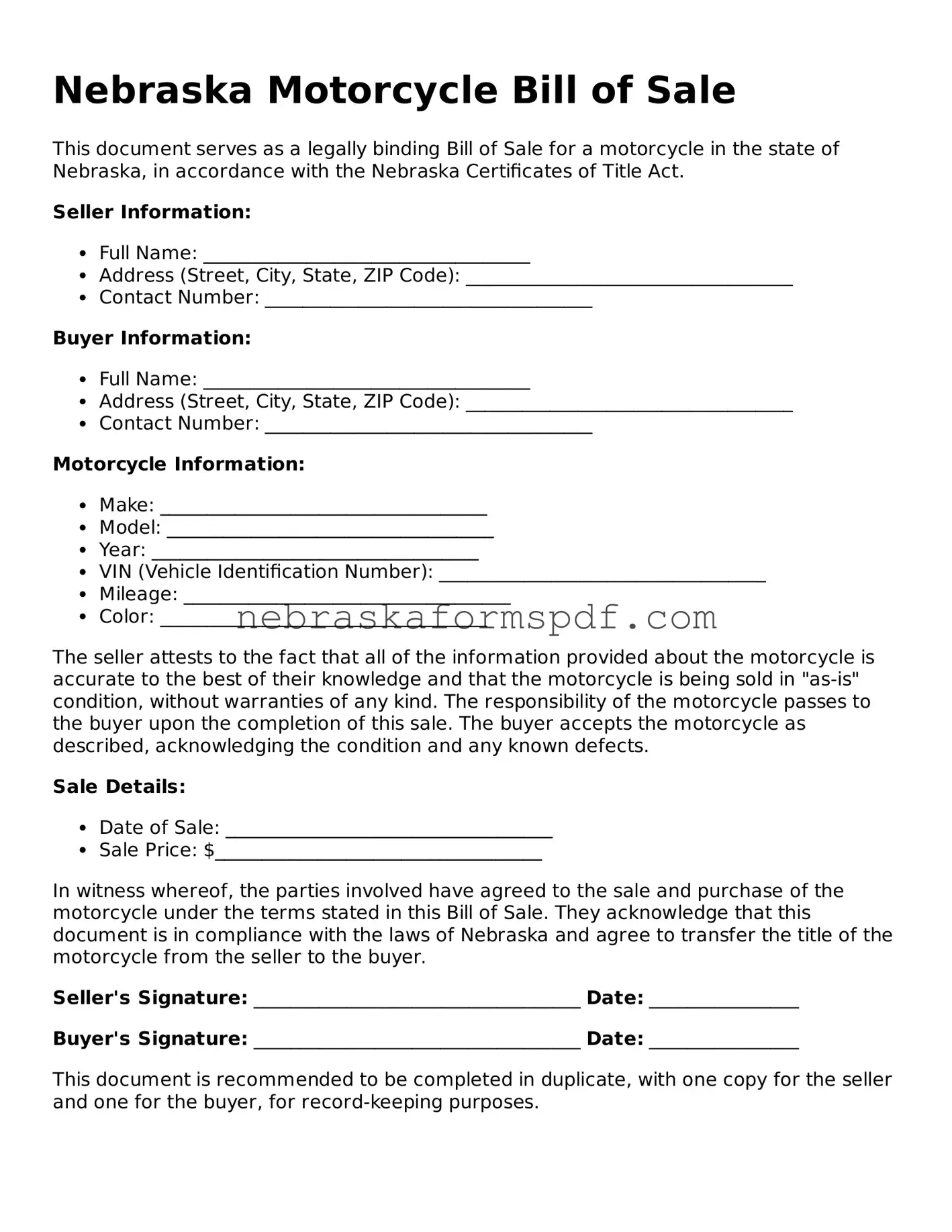 Fillable Nebraska Motorcycle Bill of Sale Template