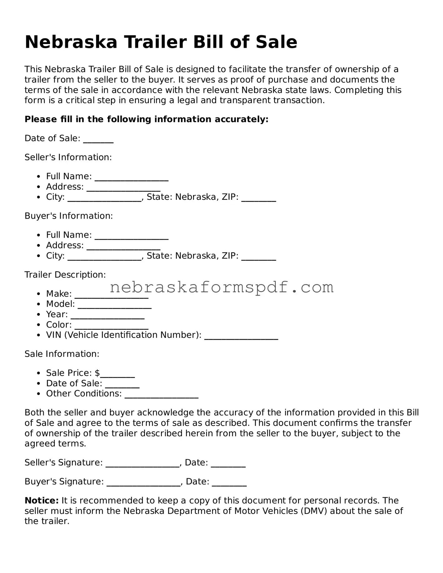 Fillable Nebraska Trailer Bill of Sale Template