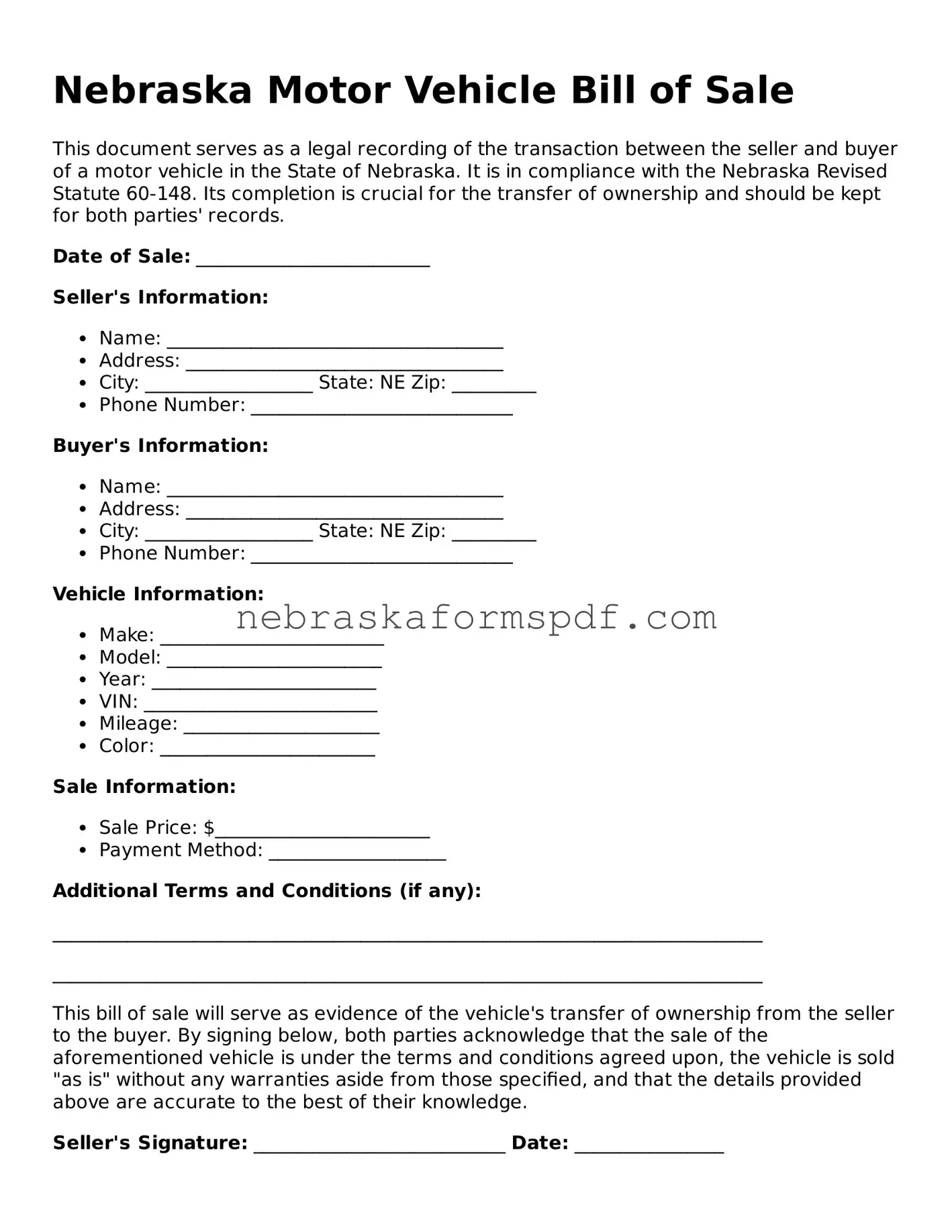 Fillable Nebraska Motor Vehicle Bill of Sale Template