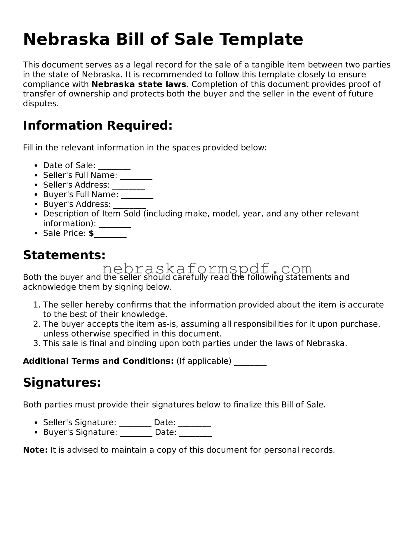 Fillable Nebraska Bill of Sale Template