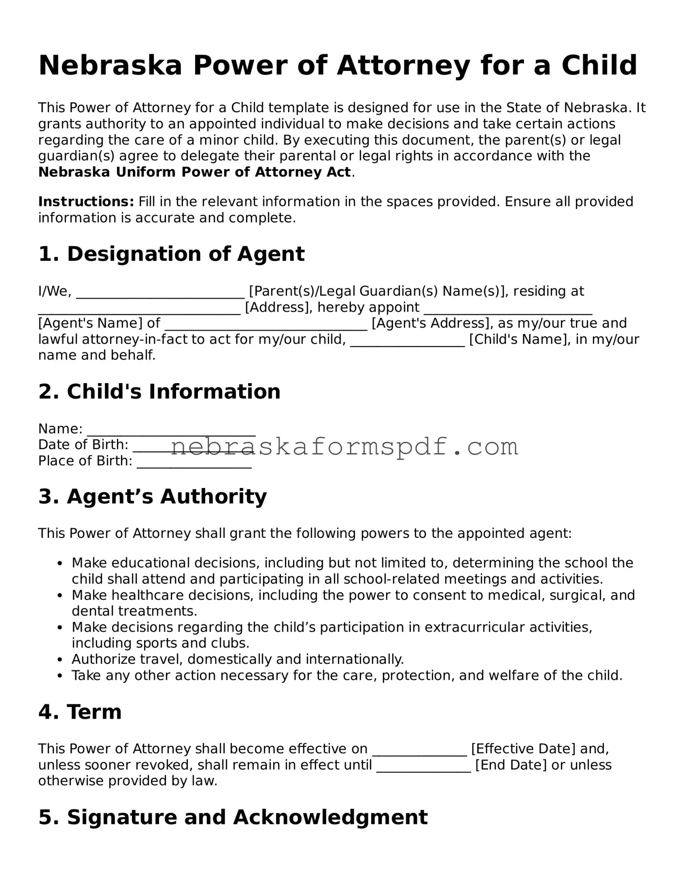 Fillable Nebraska Power of Attorney for a Child Template