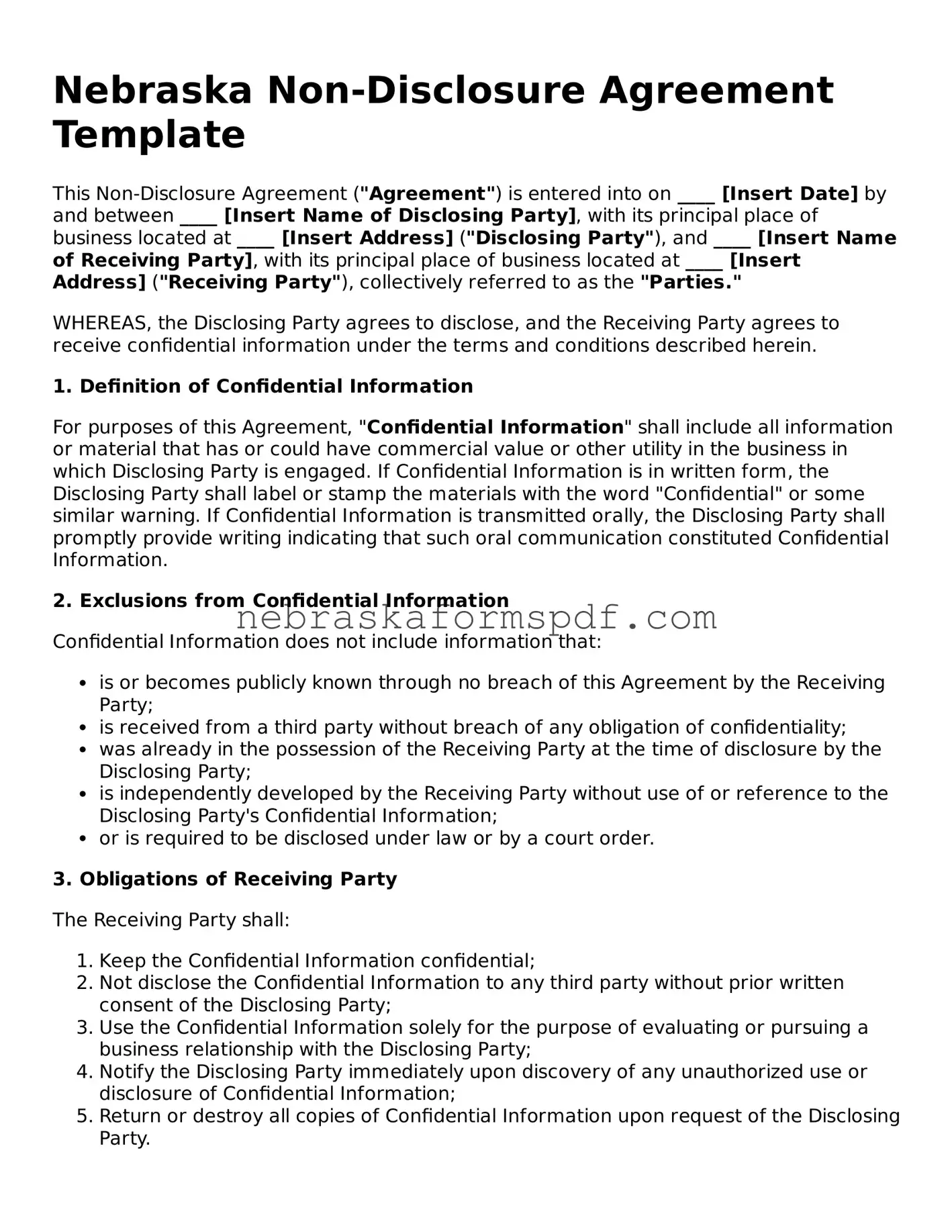 Fillable Nebraska Non-disclosure Agreement Template