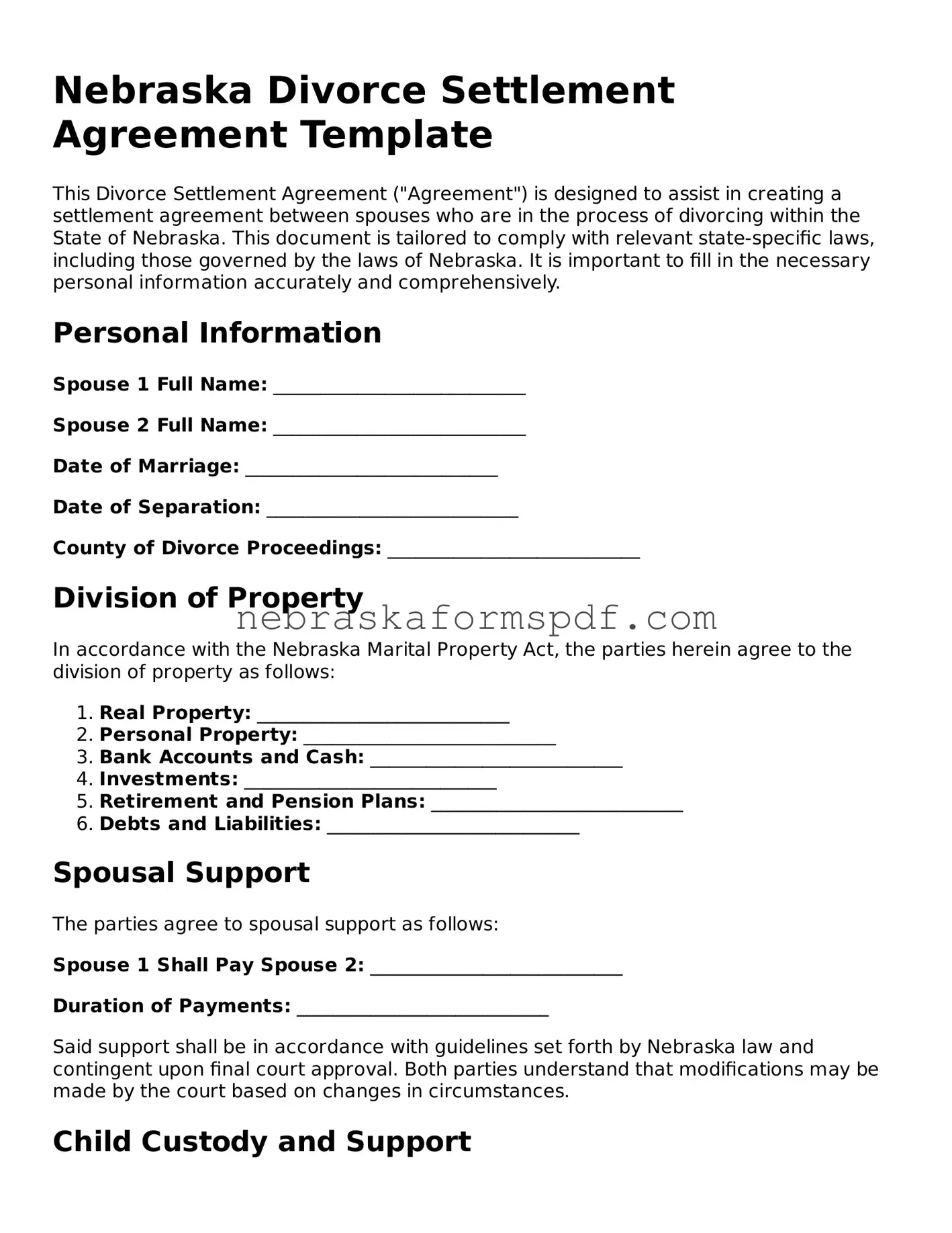 Fillable Nebraska Divorce Settlement Agreement Template