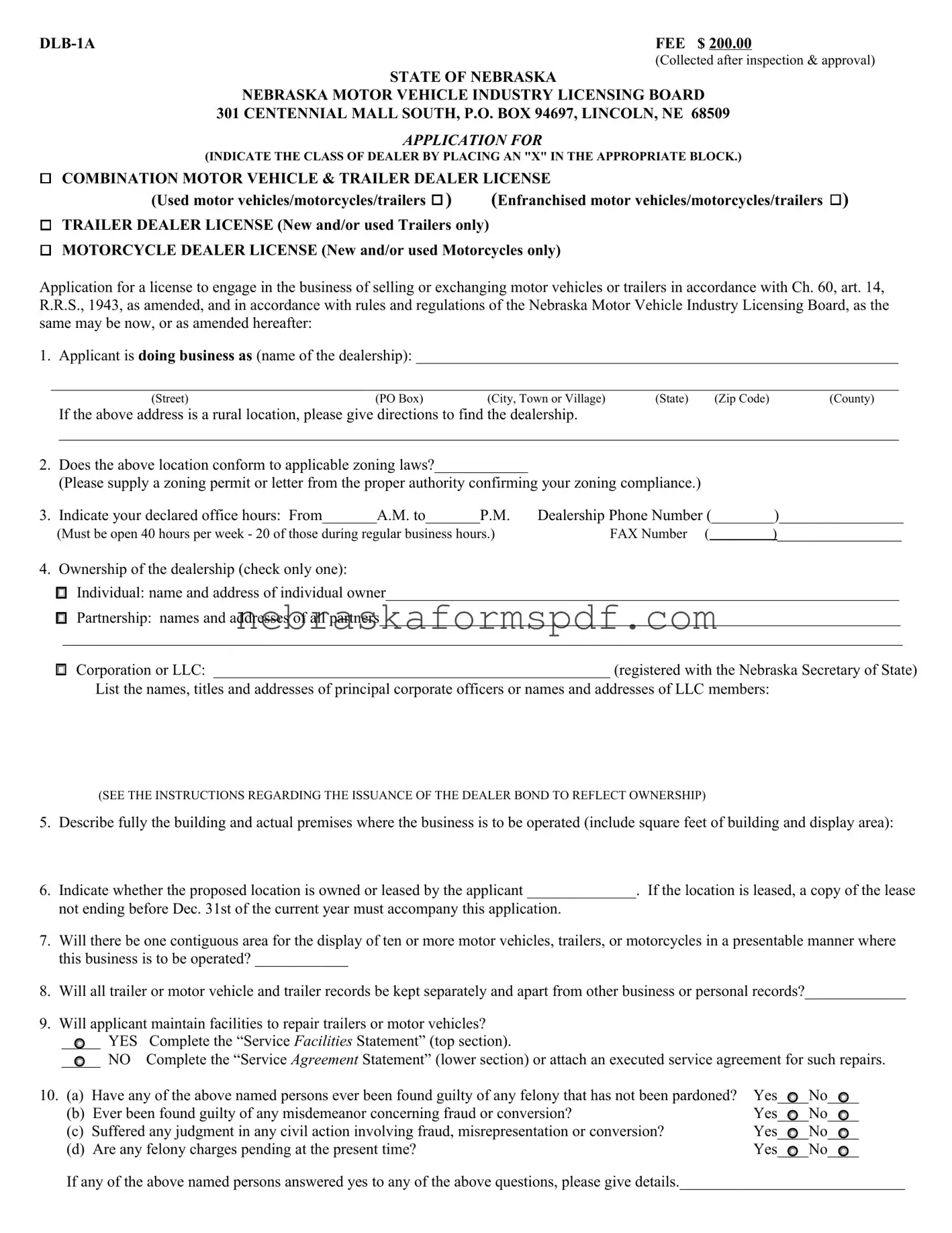Fill a Valid Nebraska Dlb 1A Form