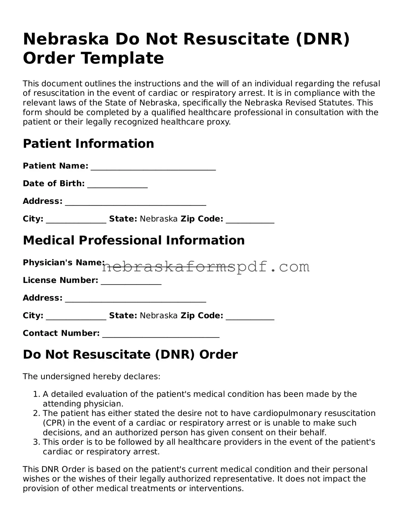 Fillable Nebraska Do Not Resuscitate Order Template