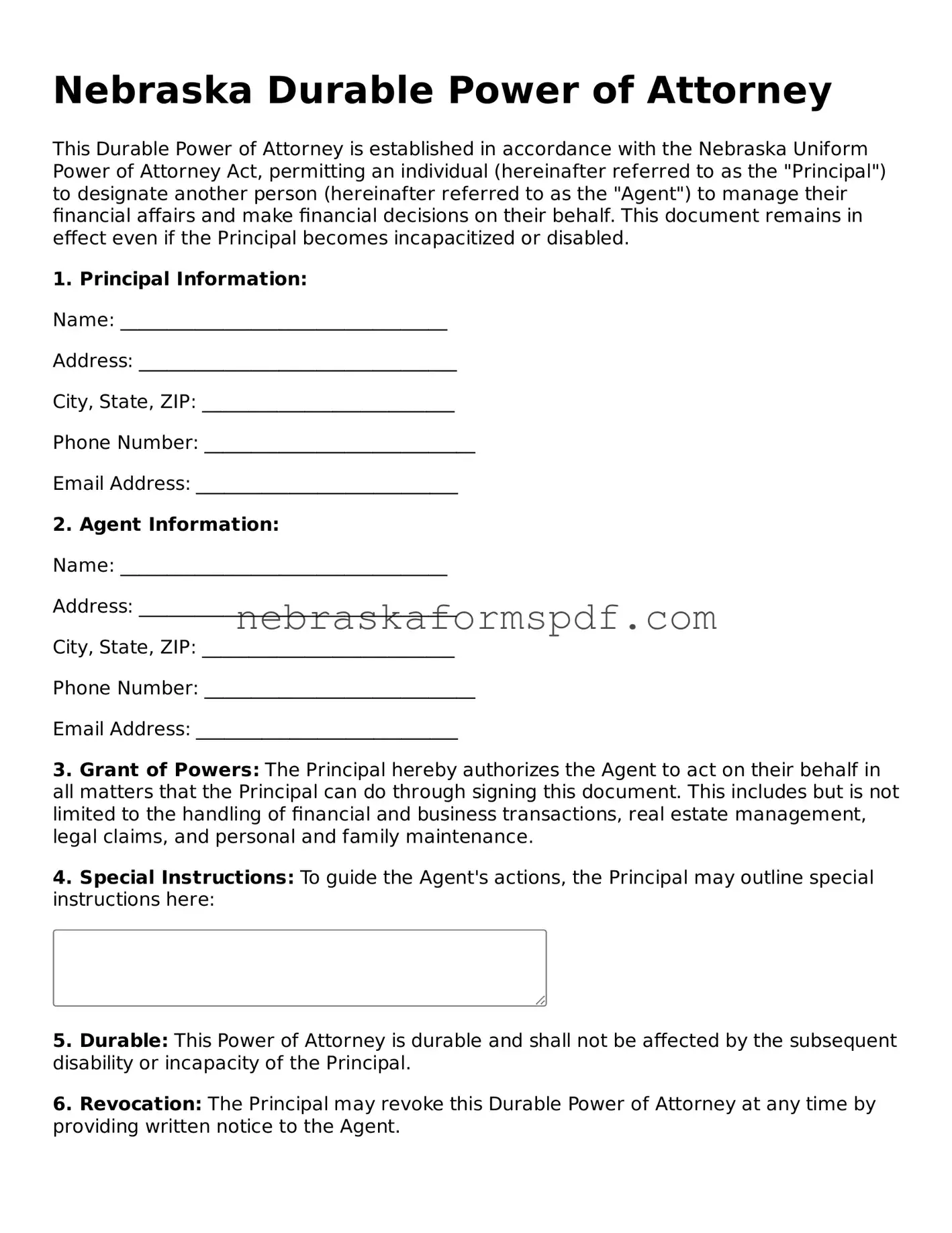 Fillable Nebraska Durable Power of Attorney Template