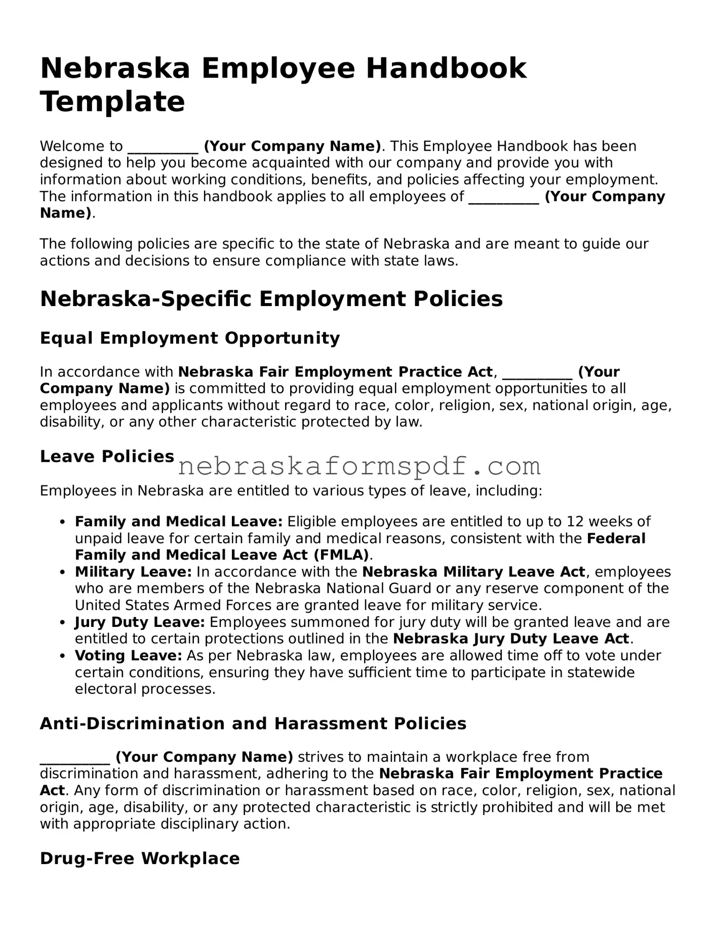 Fillable Nebraska Employee Handbook Template