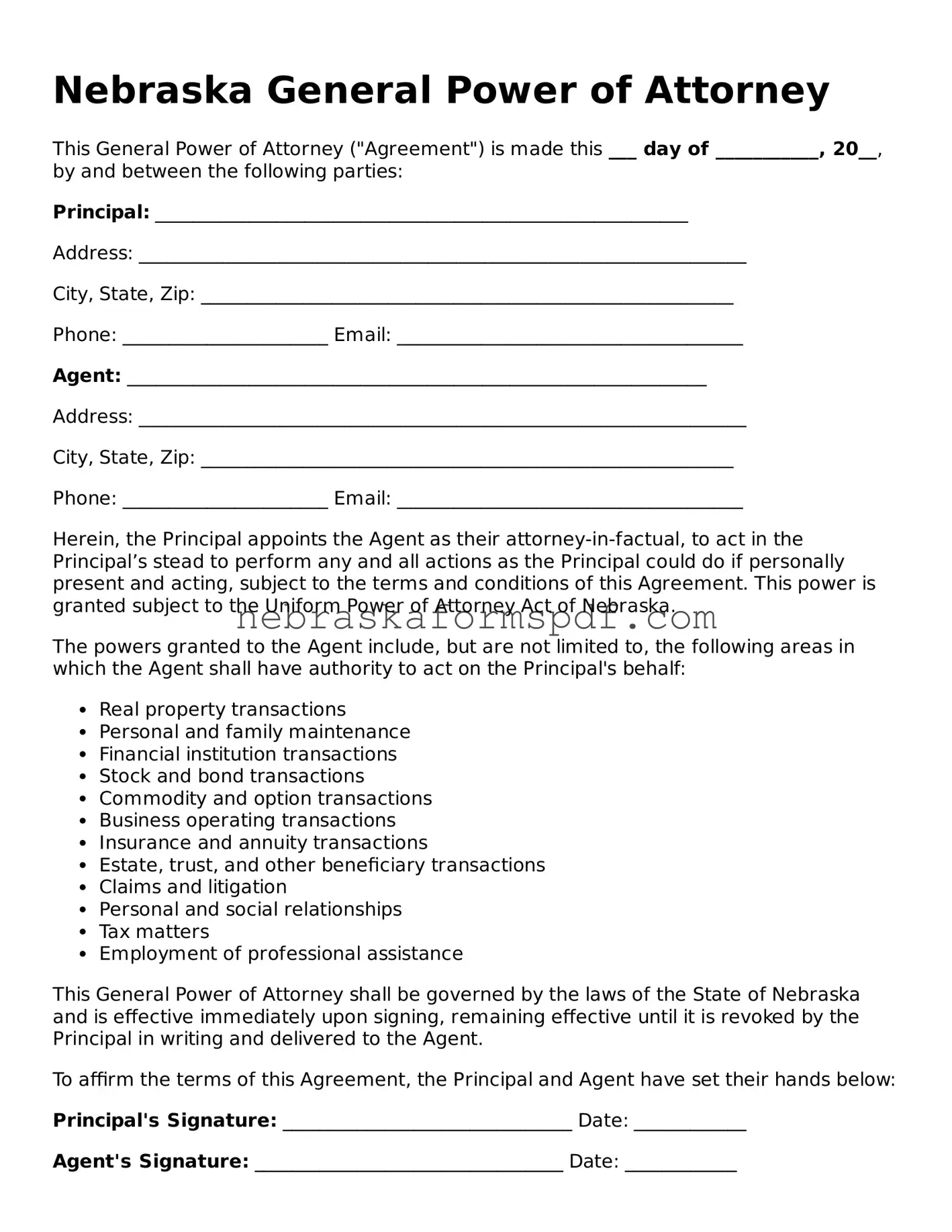 Fillable Nebraska General Power of Attorney Template