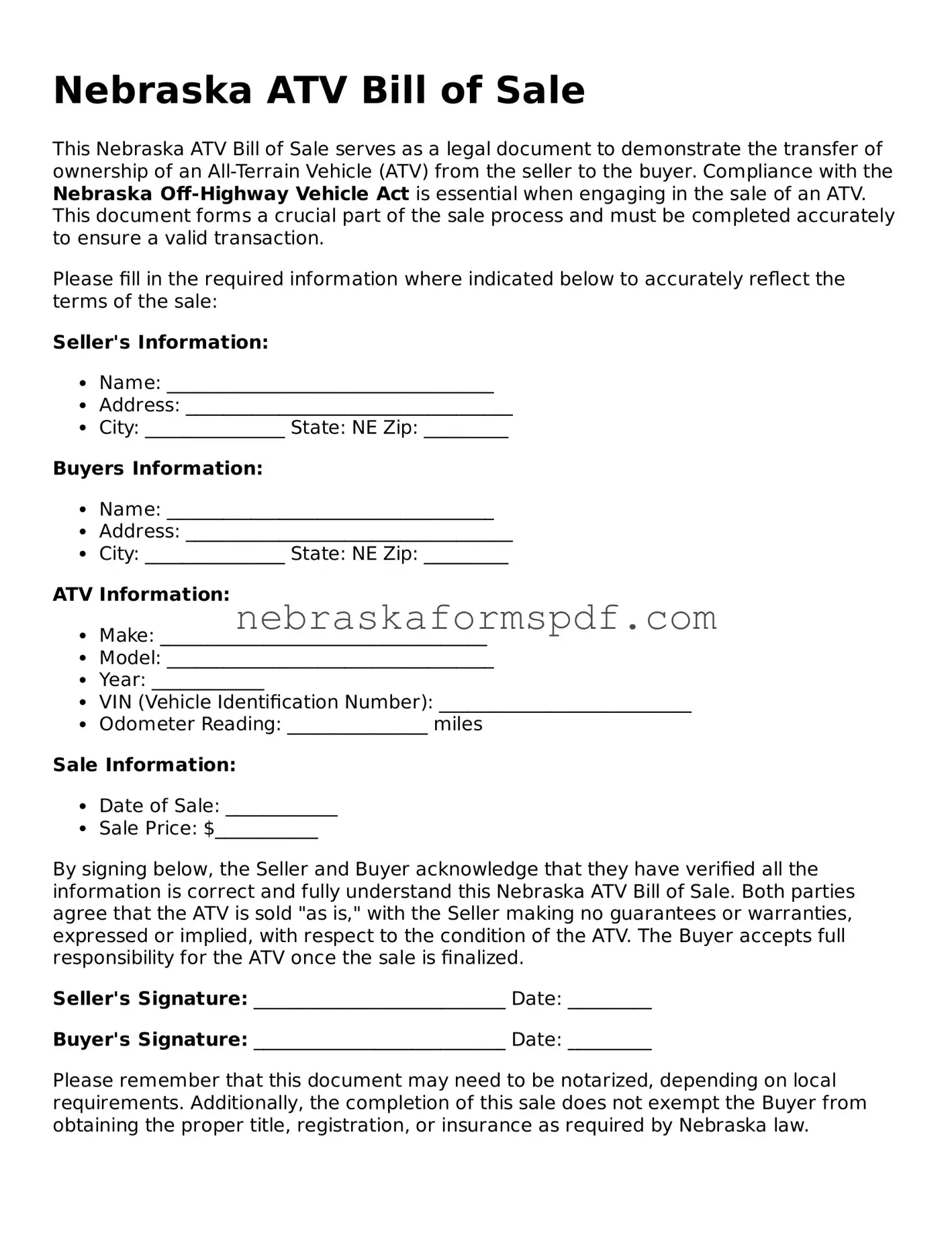 Fillable Nebraska ATV Bill of Sale Template