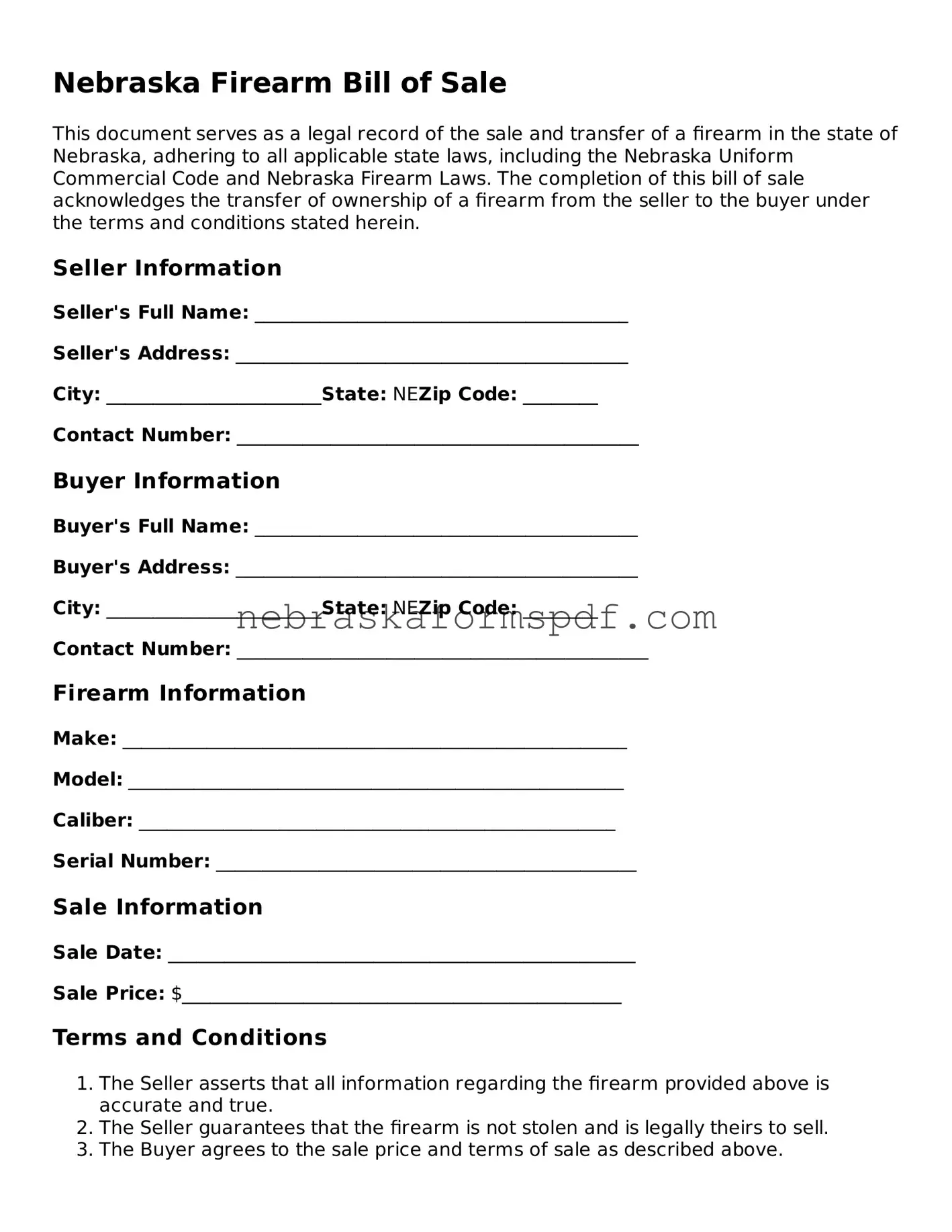 Fillable Nebraska Firearm Bill of Sale Template