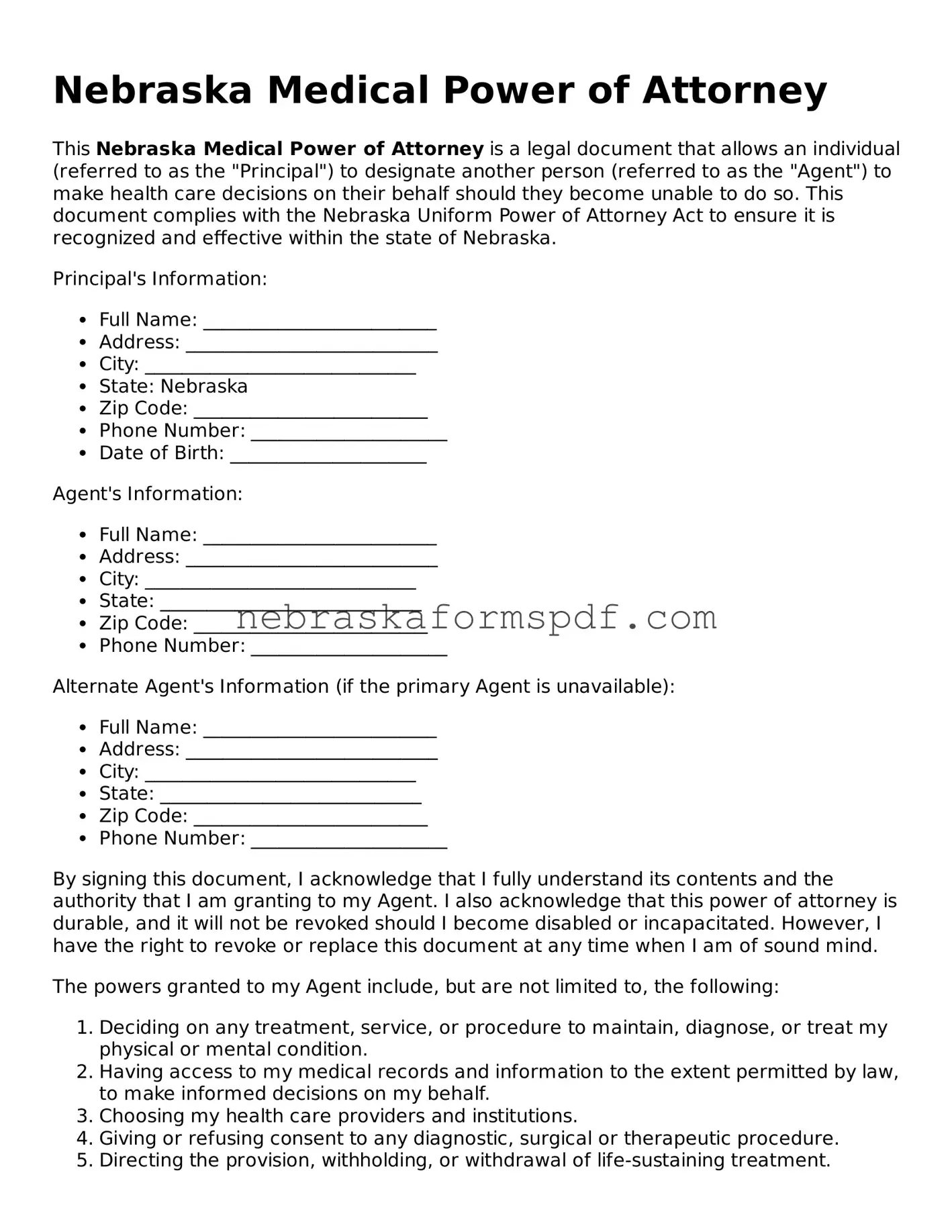 Fillable Nebraska Medical Power of Attorney Template