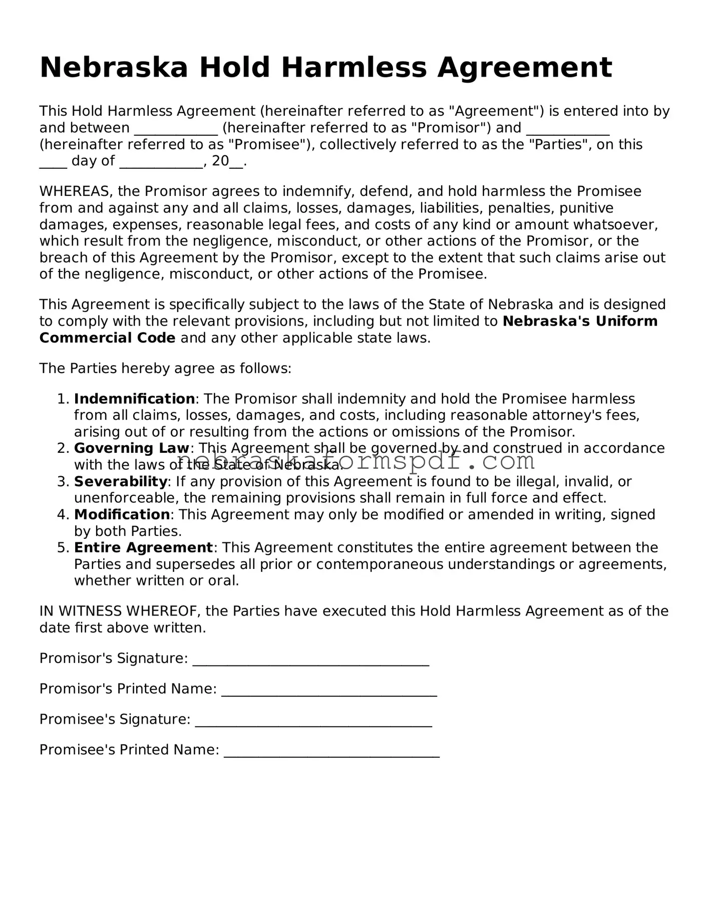 Fillable Nebraska Hold Harmless Agreement Template