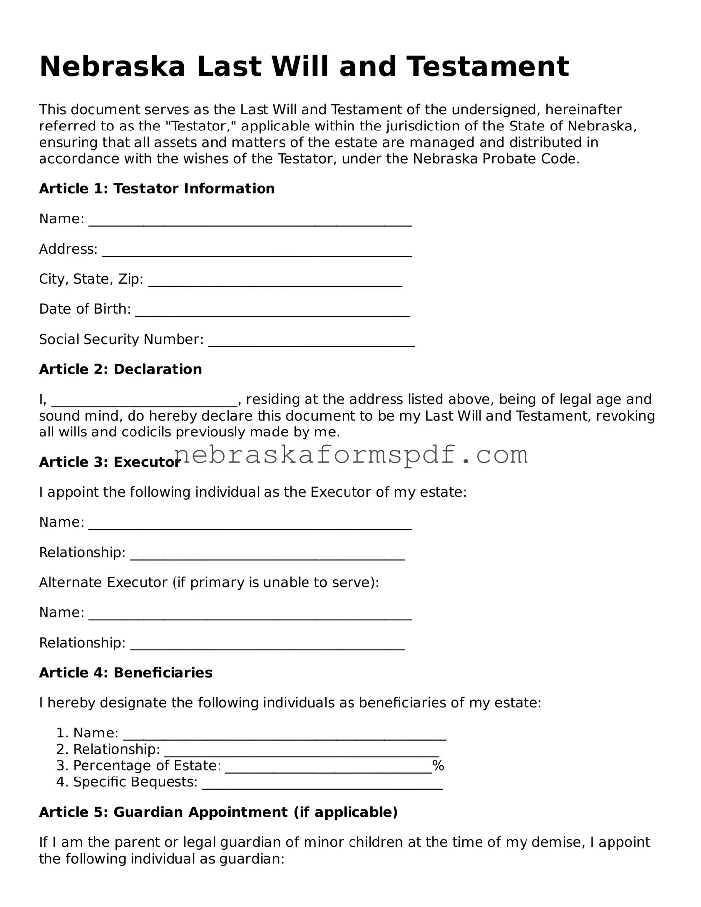 Fillable Nebraska Last Will and Testament Template