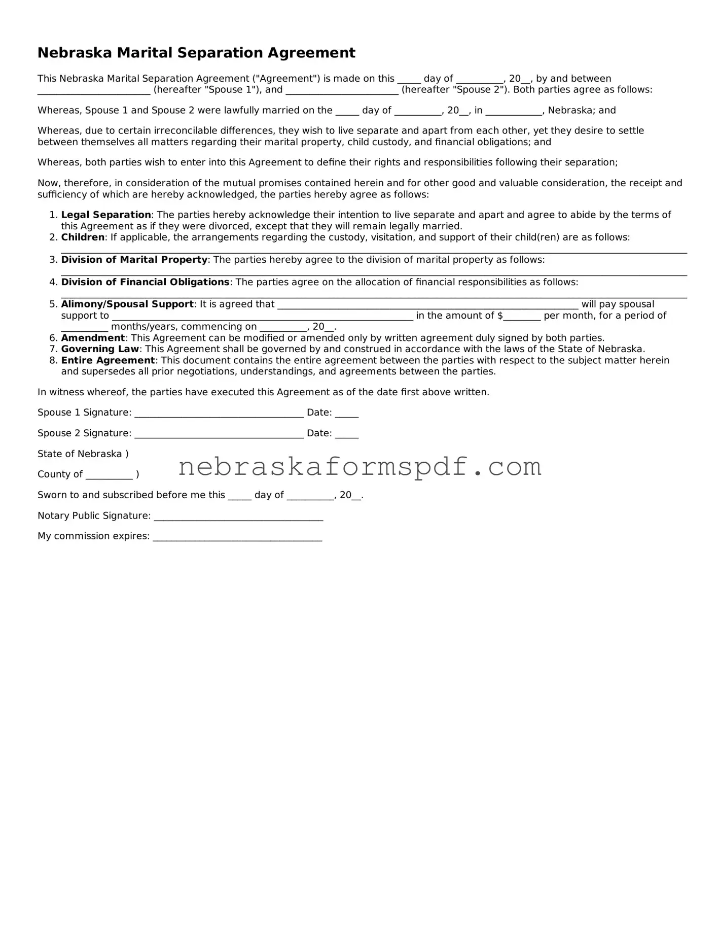 Fillable Nebraska Marital Separation Agreement Template