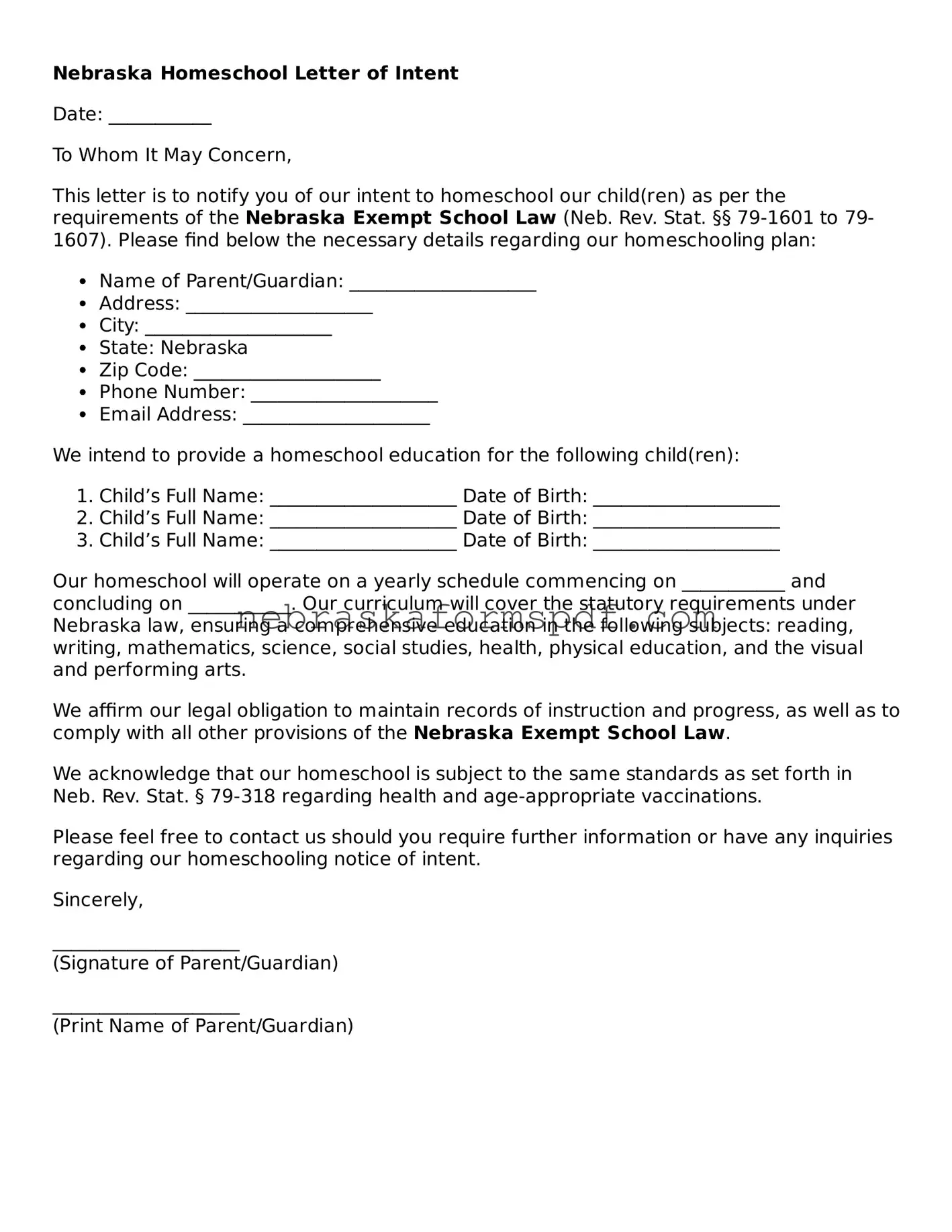 Fillable Nebraska Homeschool Letter of Intent Template