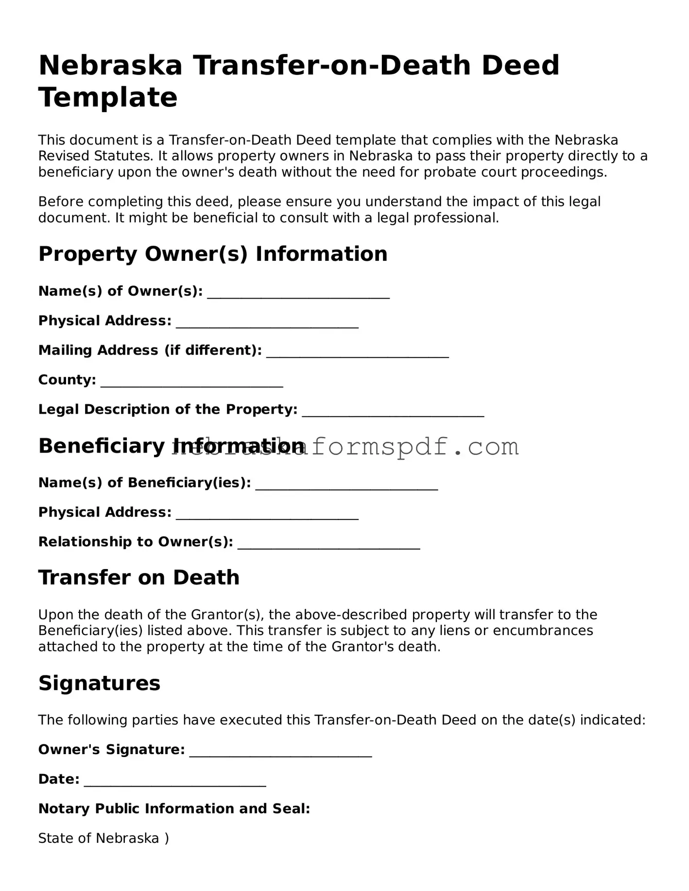 Fillable Nebraska Transfer-on-Death Deed Template