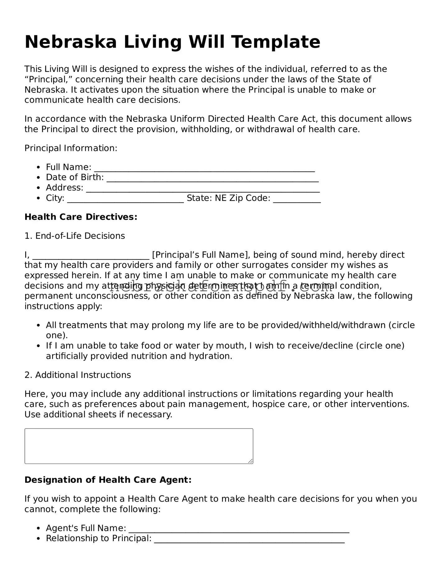 Fillable Nebraska Living Will Template