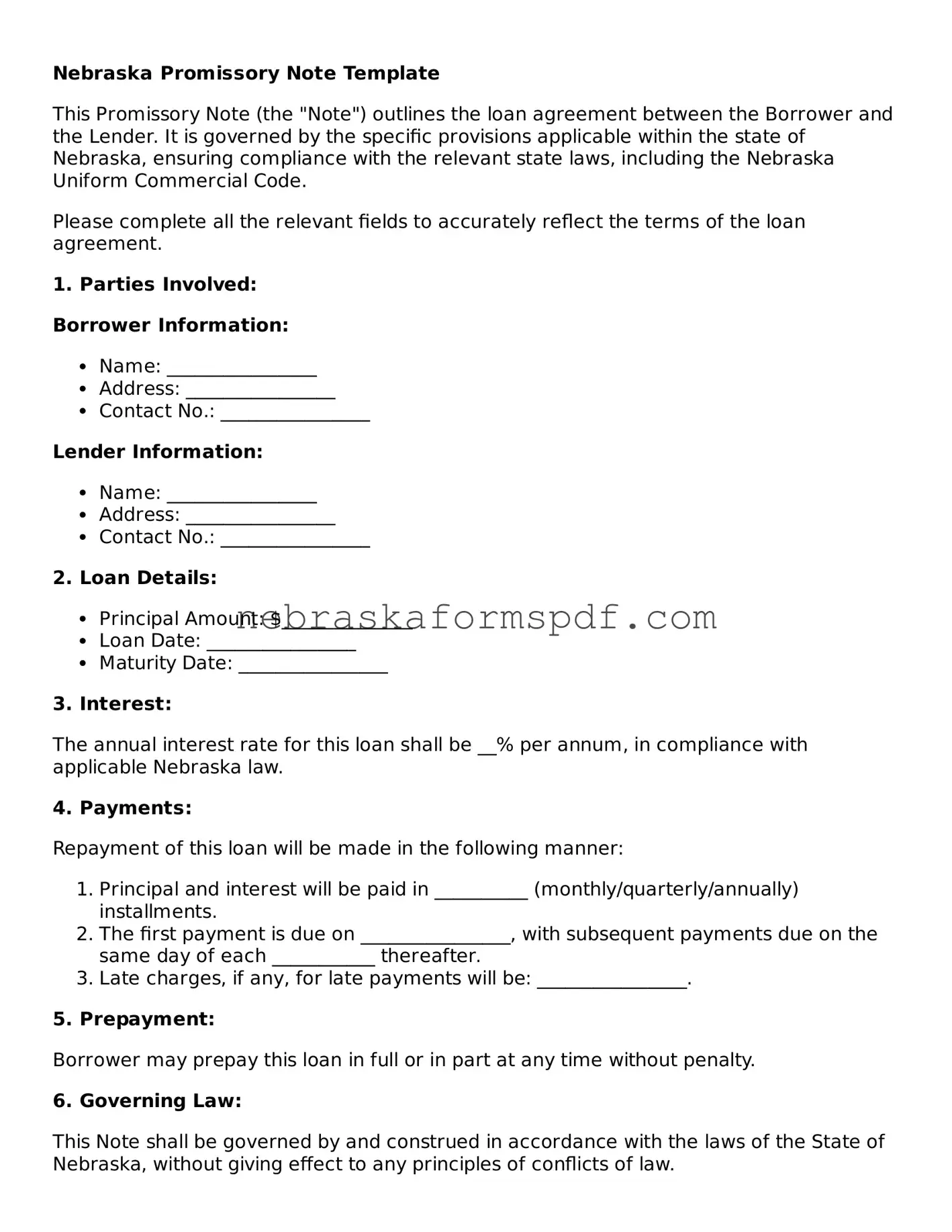 Fillable Nebraska Promissory Note Template