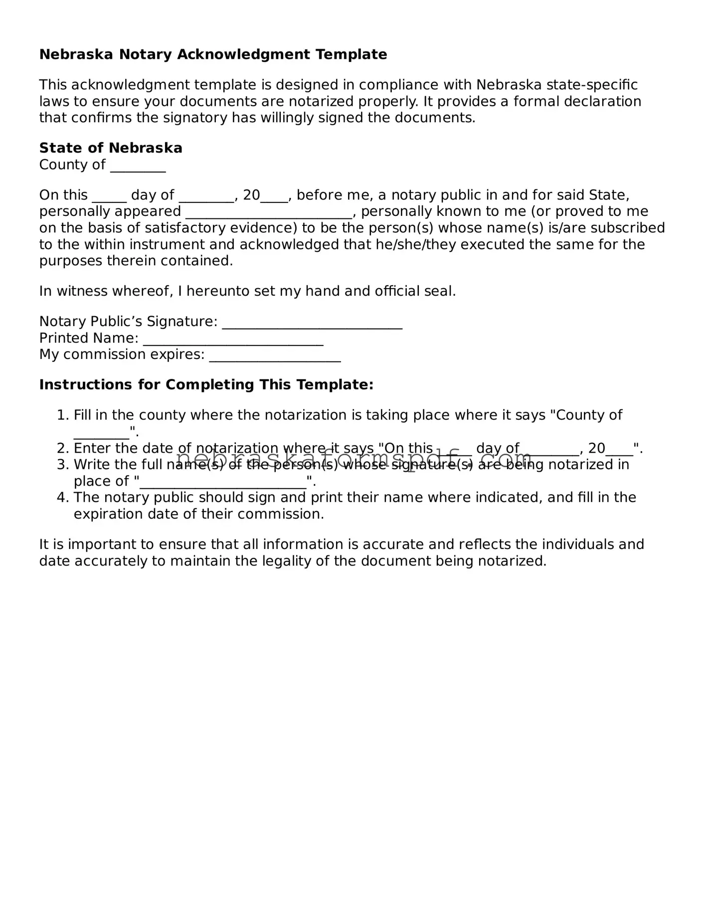 Fillable Nebraska Notary Acknowledgement Template