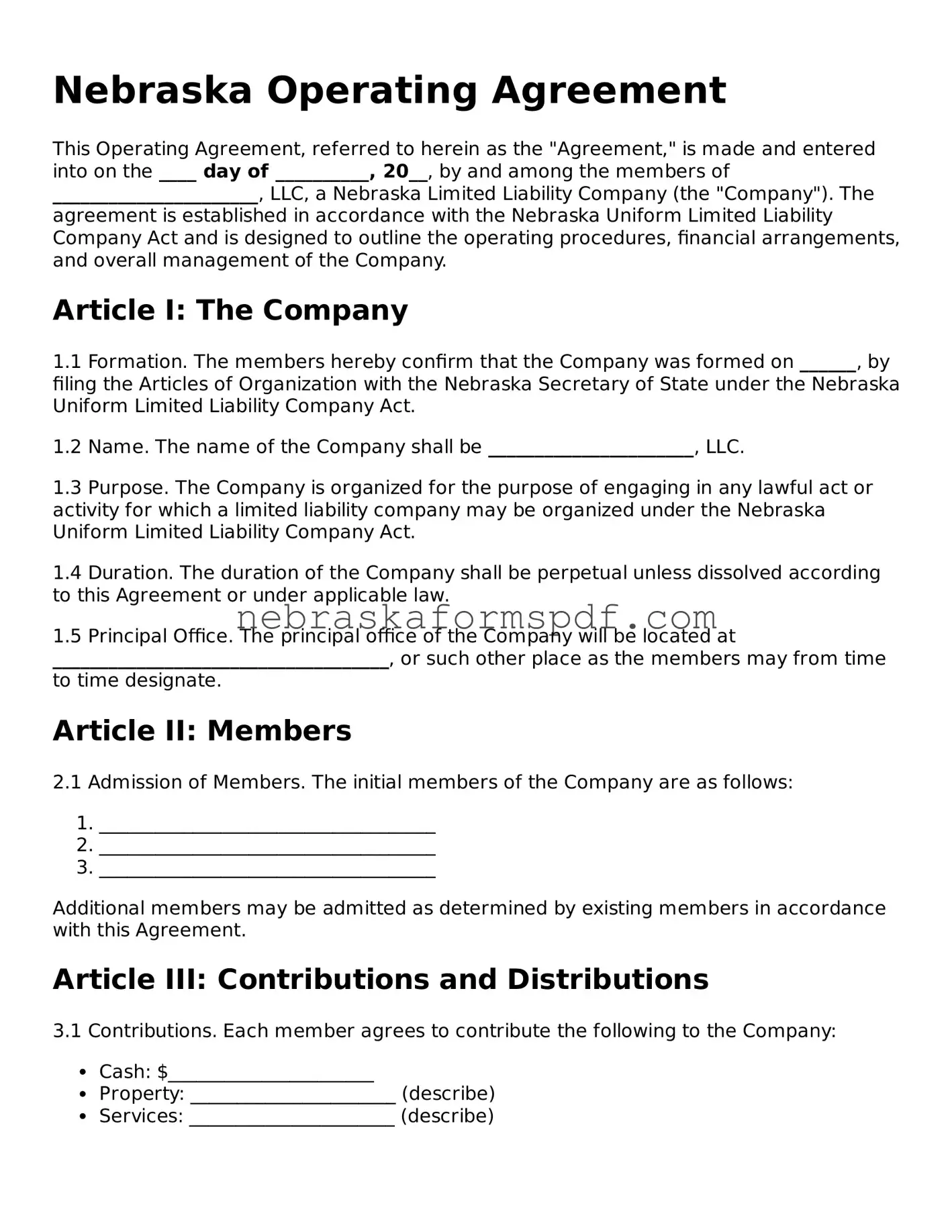Fillable Nebraska Operating Agreement Template