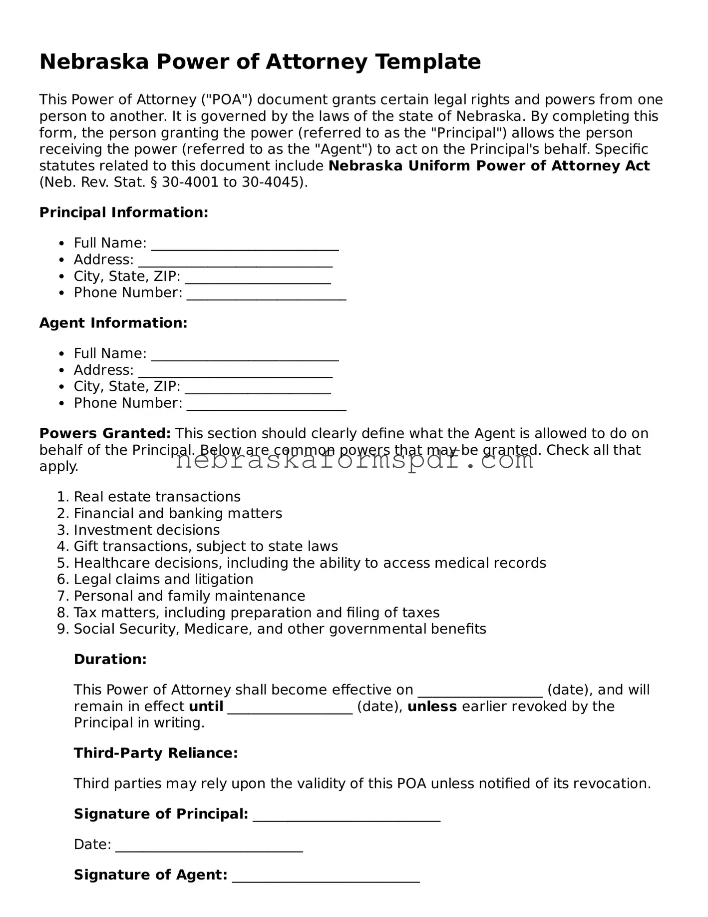 Fillable Nebraska Power of Attorney Template