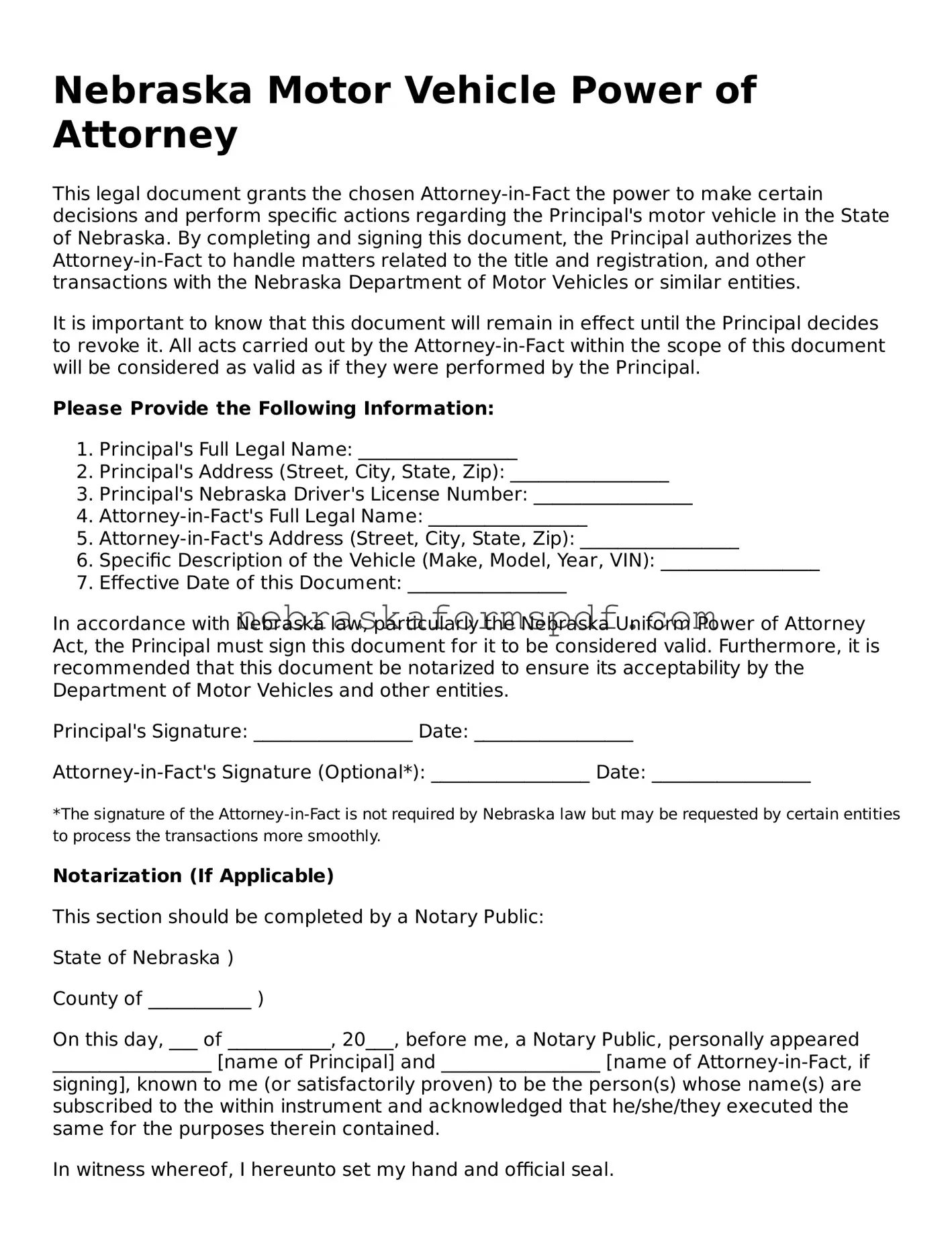 Fillable Nebraska Motor Vehicle Power of Attorney Template