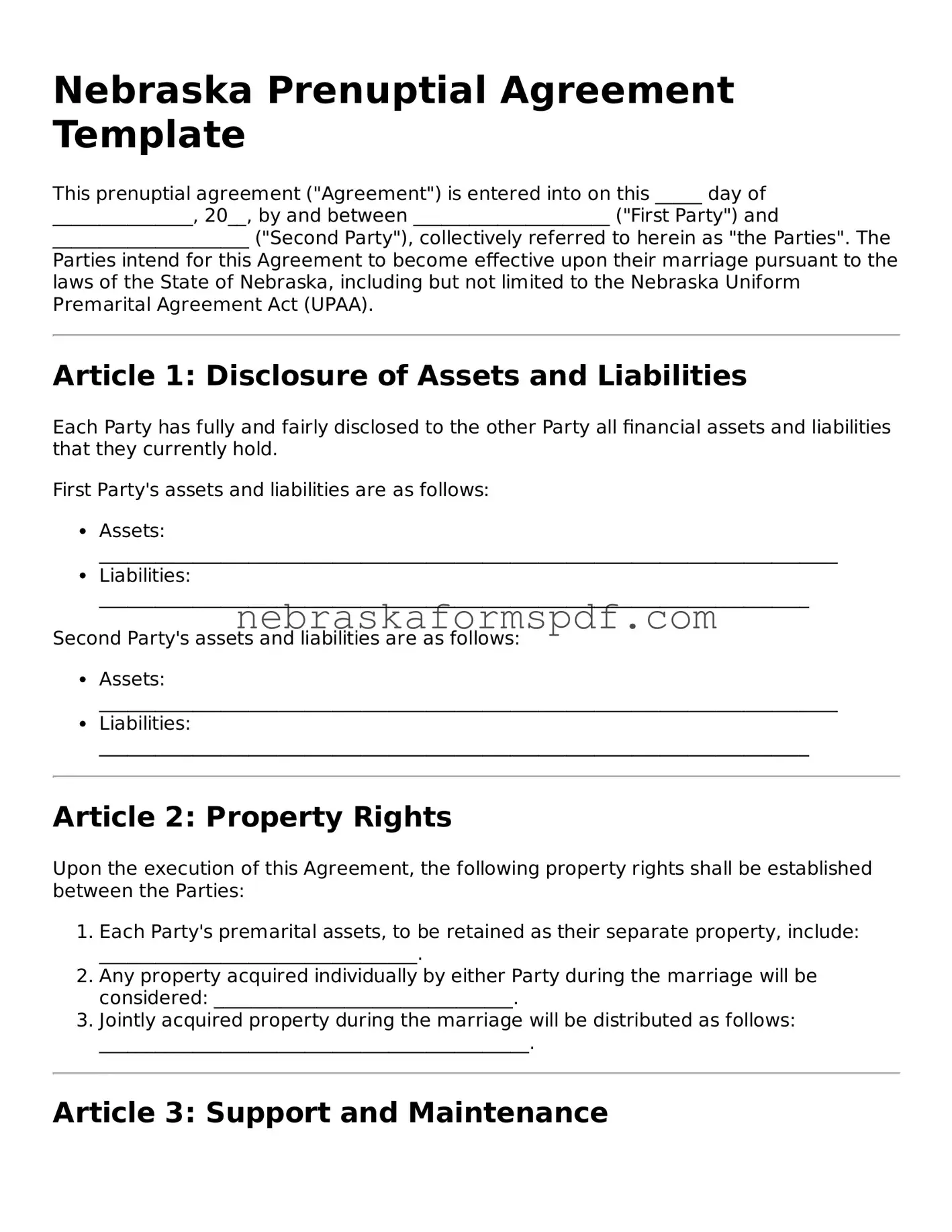 Fillable Nebraska Prenuptial Agreement Template