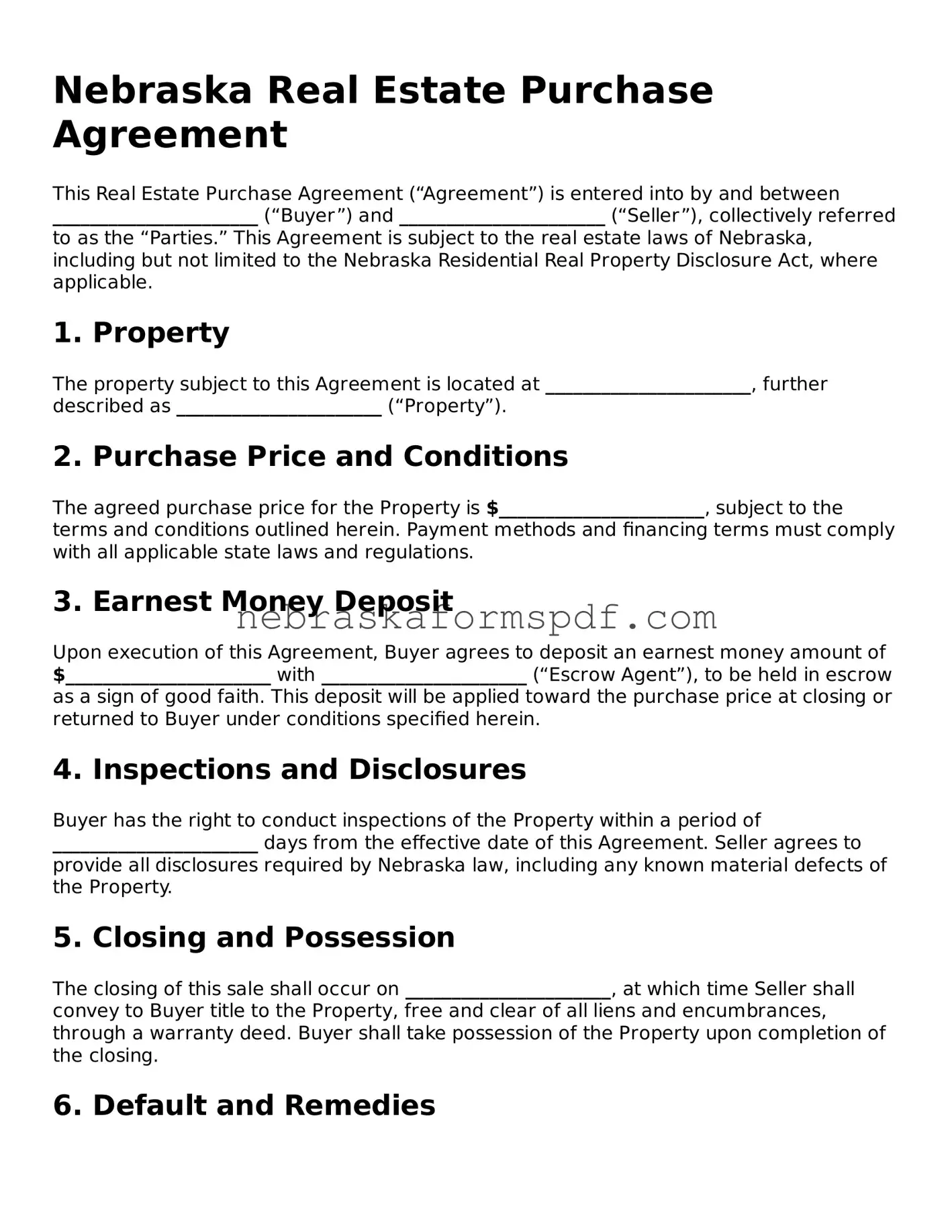 Fillable Nebraska Real Estate Purchase Agreement Template