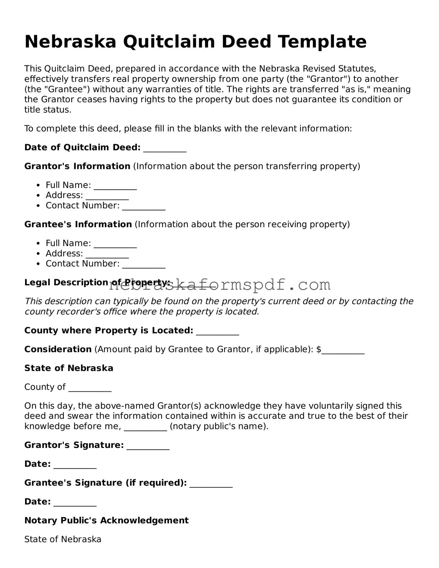 Fillable Nebraska Quitclaim Deed Template