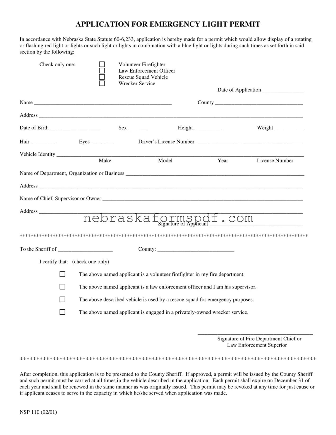Fill a Valid Nebraska Red Light Permit Form