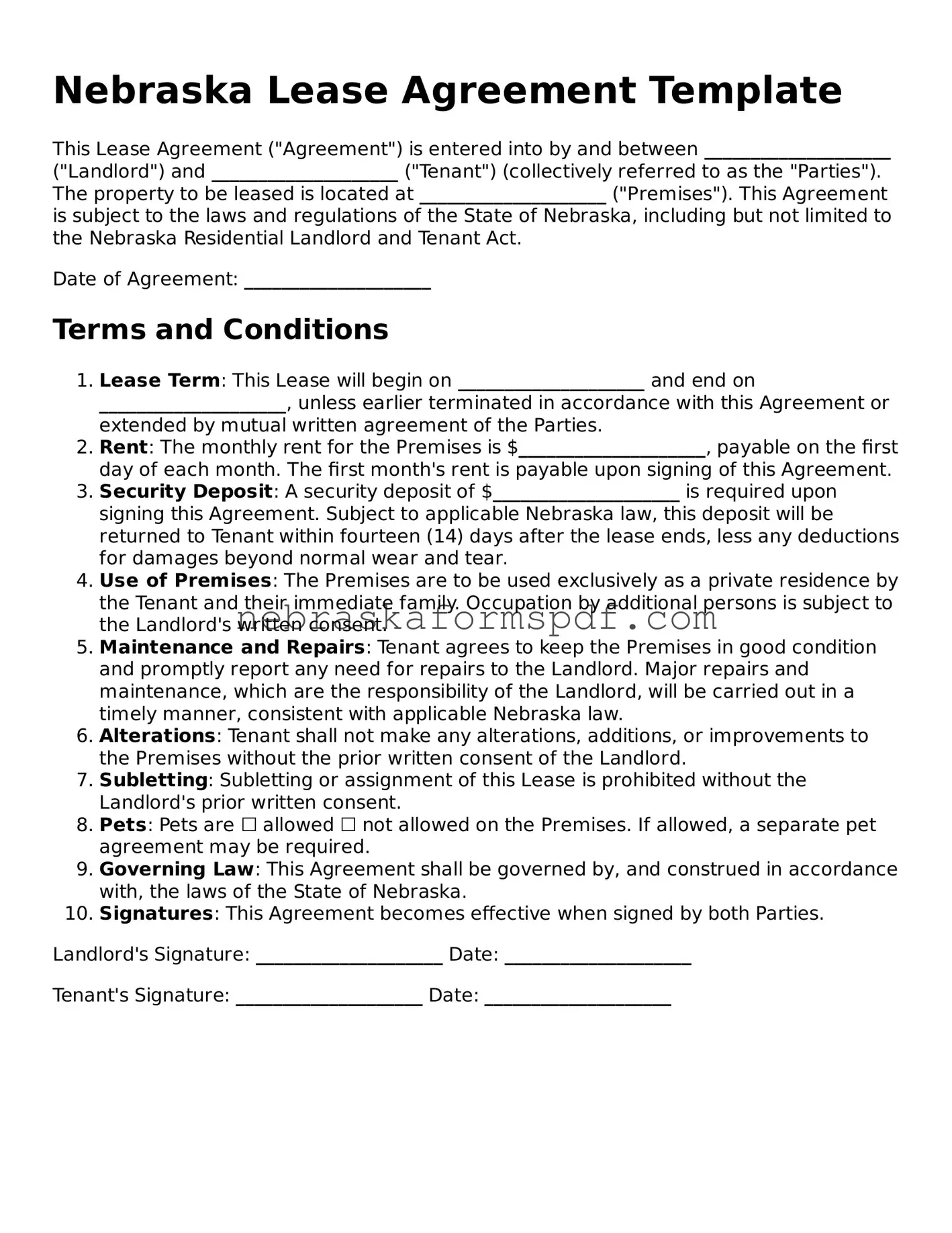 Fillable Nebraska Lease Agreement Template