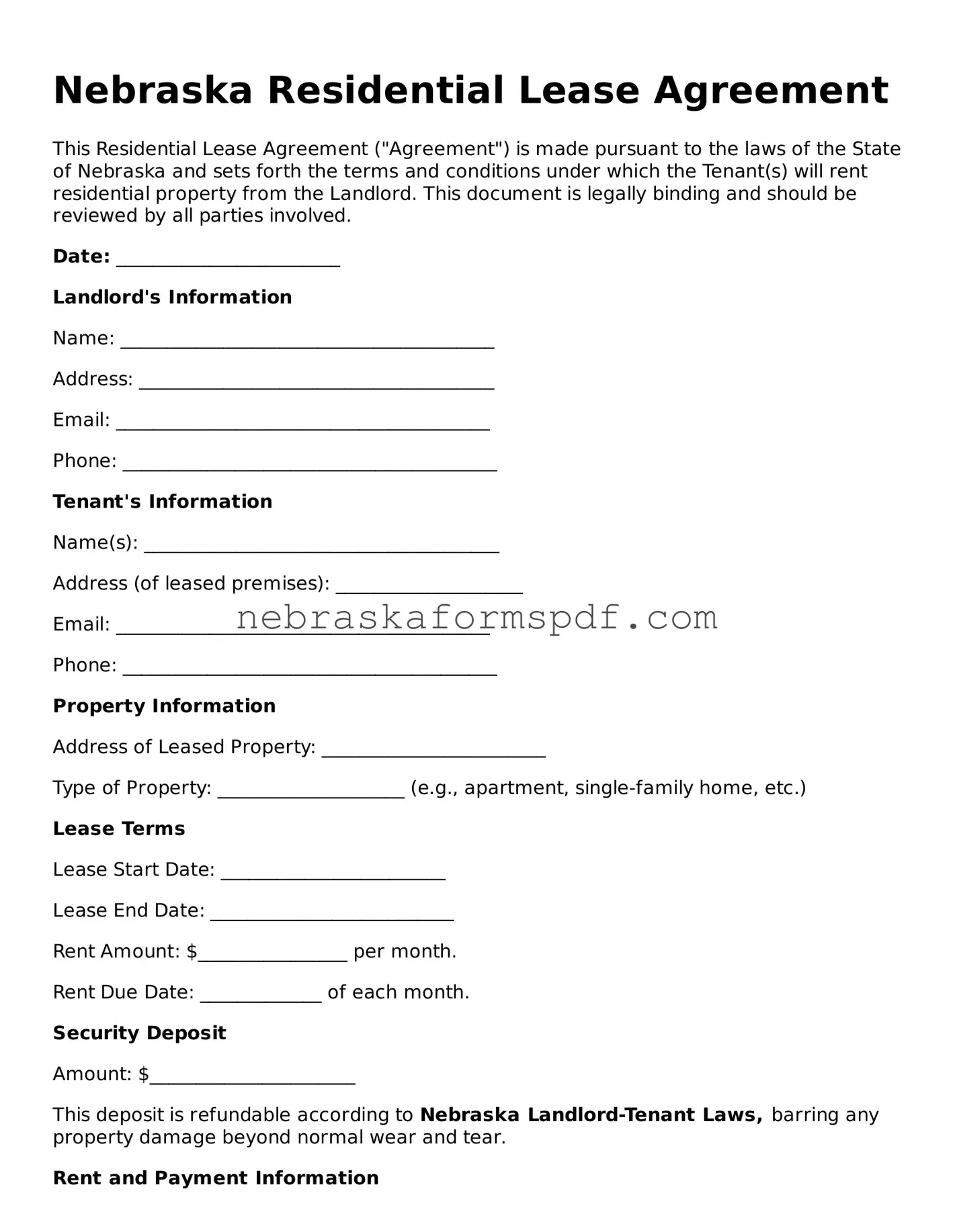 Fillable Nebraska Residential Lease Agreement Template