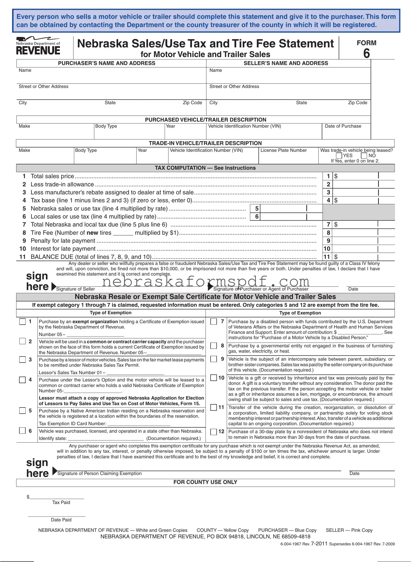 Fill a Valid Nebraska Sales Tax Statement Form