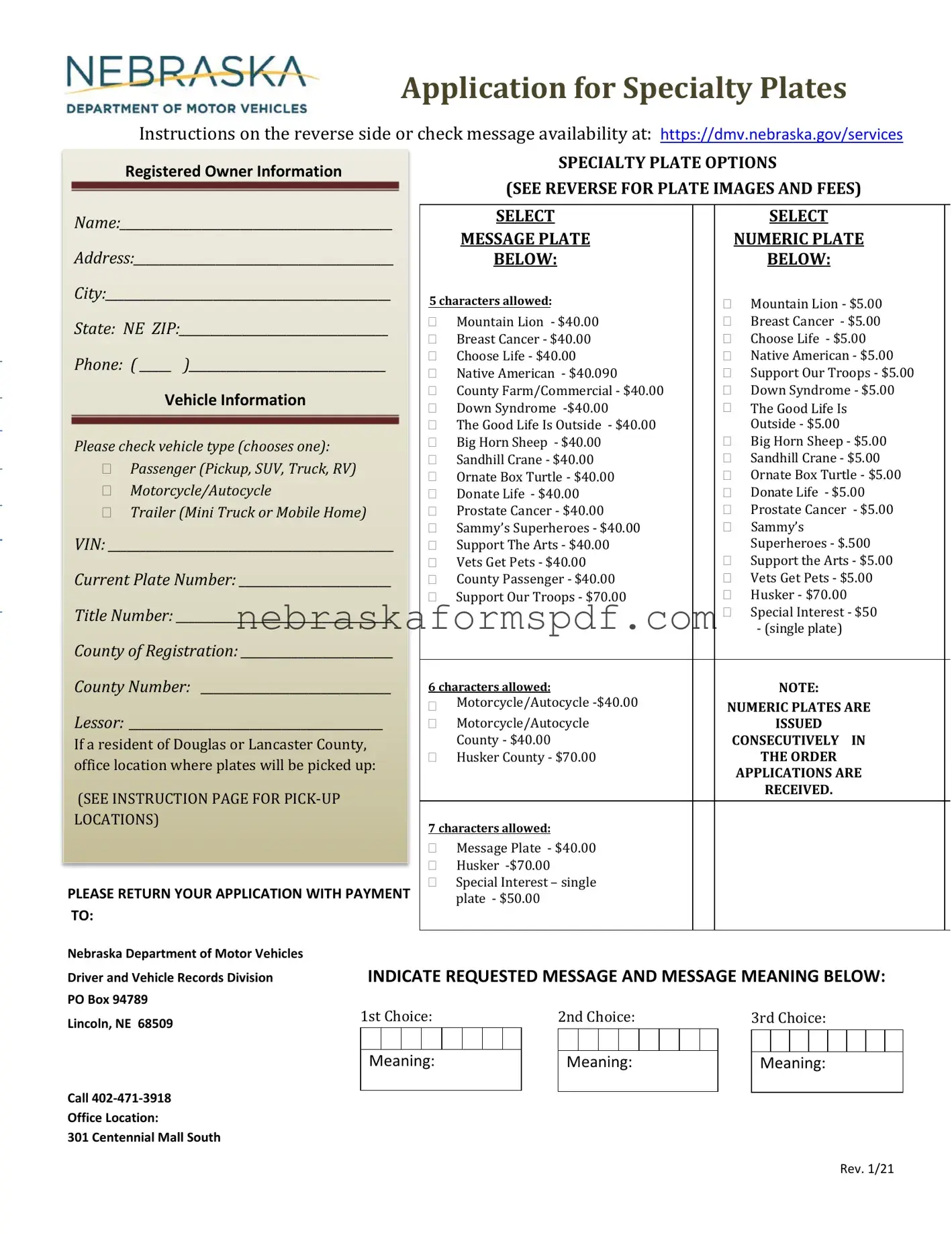 Fill a Valid Nebraska Specialty Plates Form