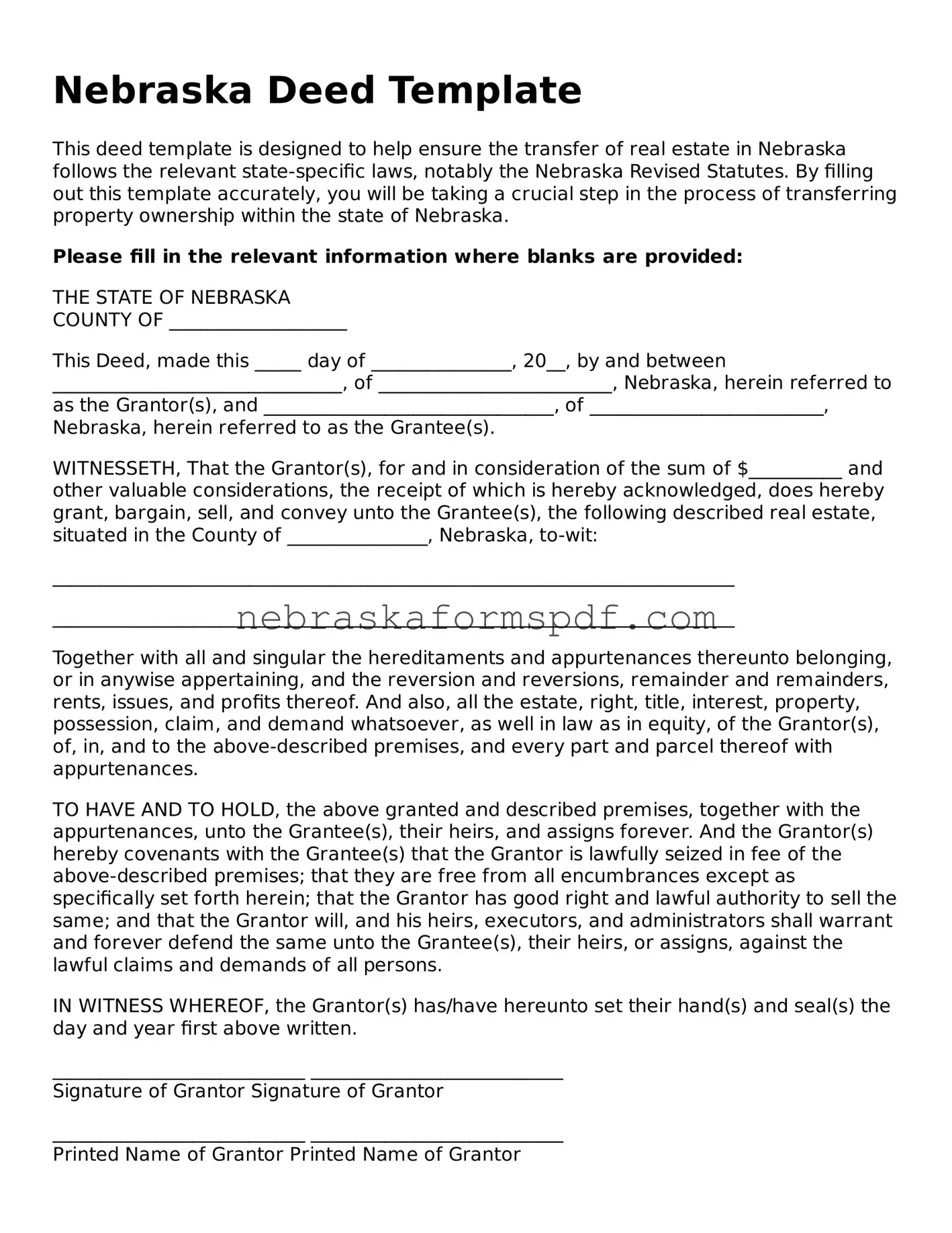 Fillable Nebraska Deed Template