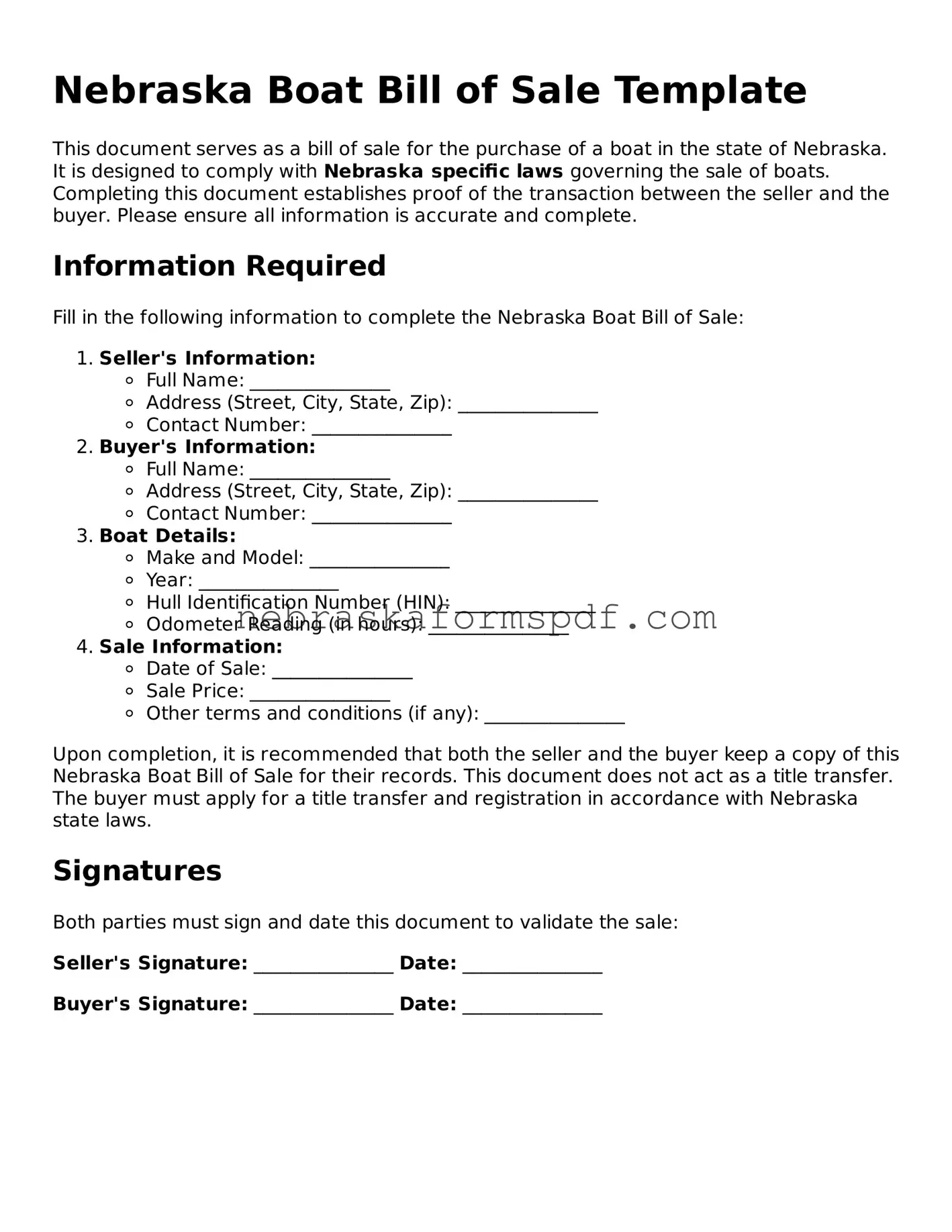 Fillable Nebraska Boat Bill of Sale Template