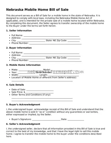 Fillable Nebraska Mobile Home Bill of Sale Template