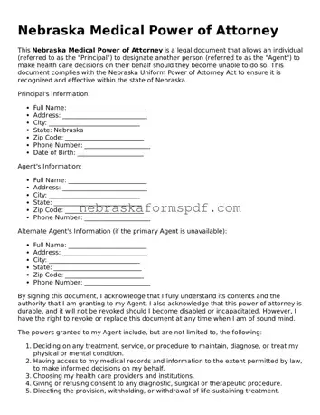 Fillable Nebraska Medical Power of Attorney Template