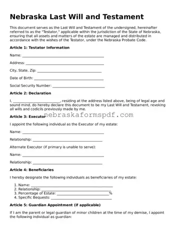 Fillable Nebraska Last Will and Testament Template