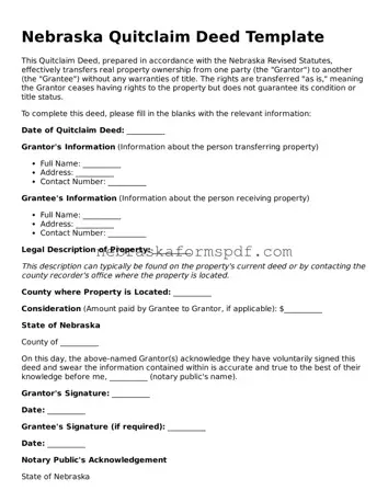 Fillable Nebraska Quitclaim Deed Template